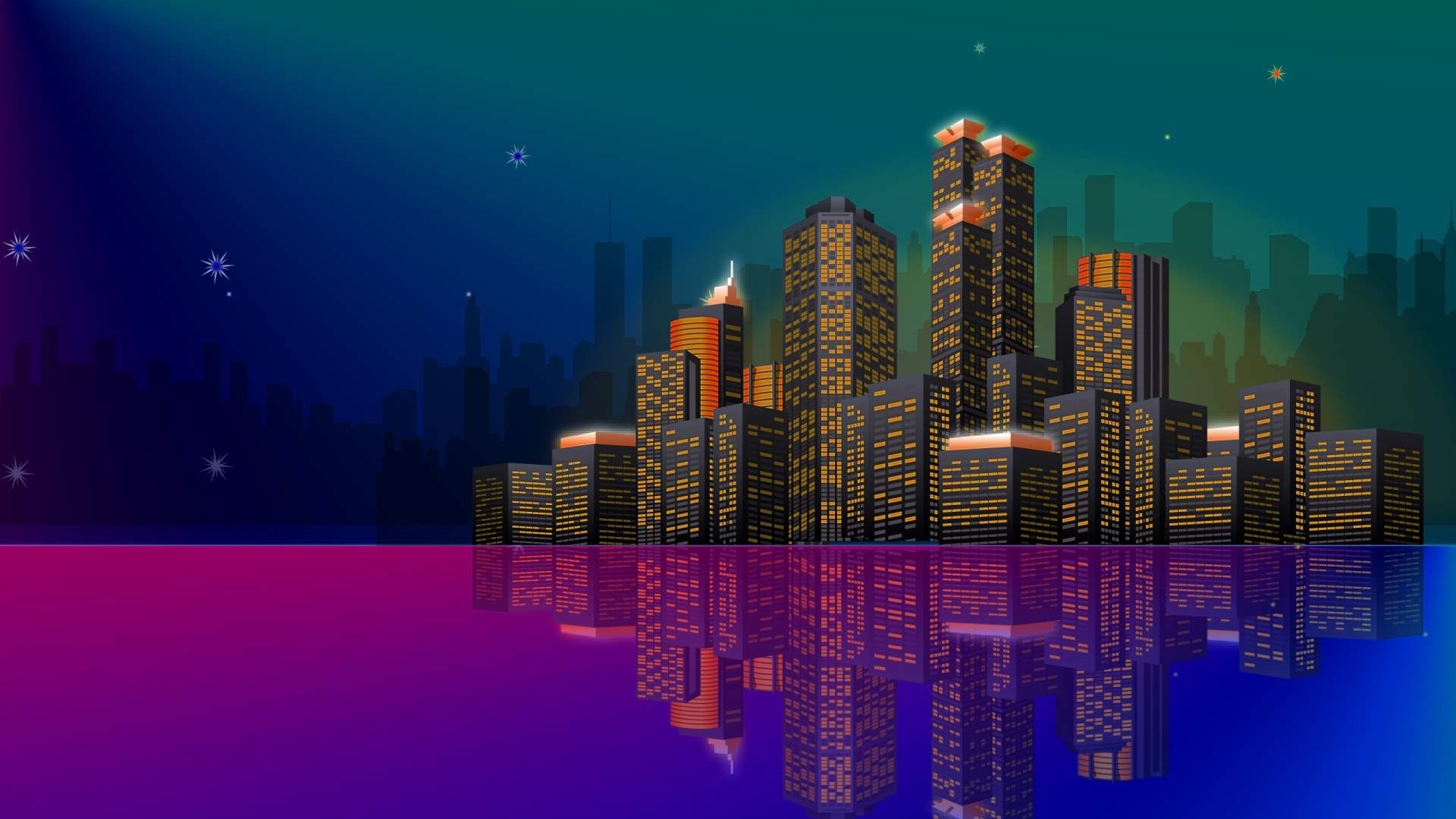 Cityscape with reflections at night HD Wallpaper