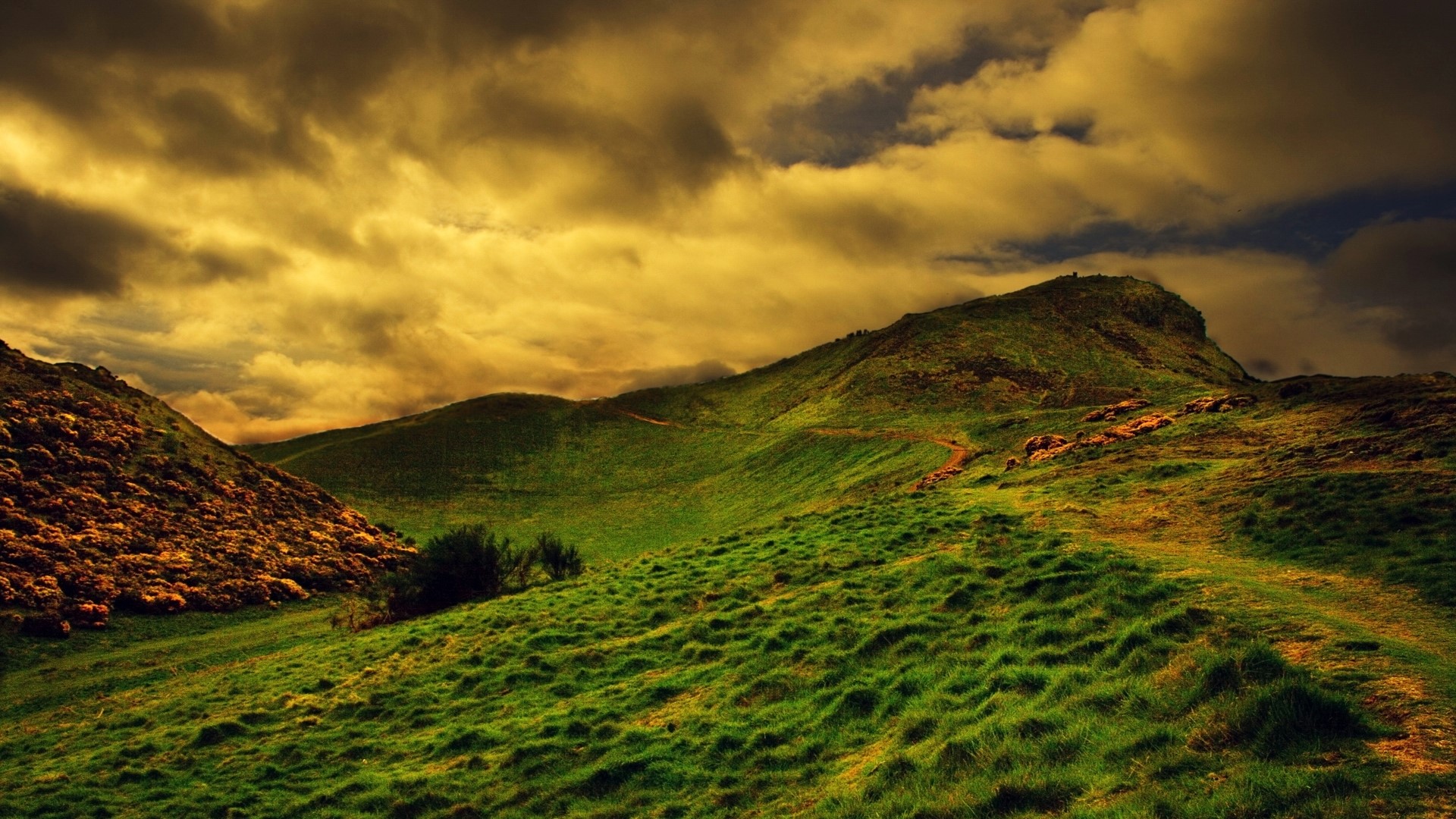 Green hills under a dramatic sky HD Wallpaper