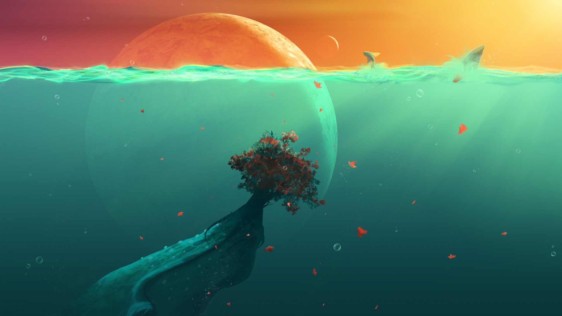 Surreal underwater scene with planet and tree HD Wallpaper