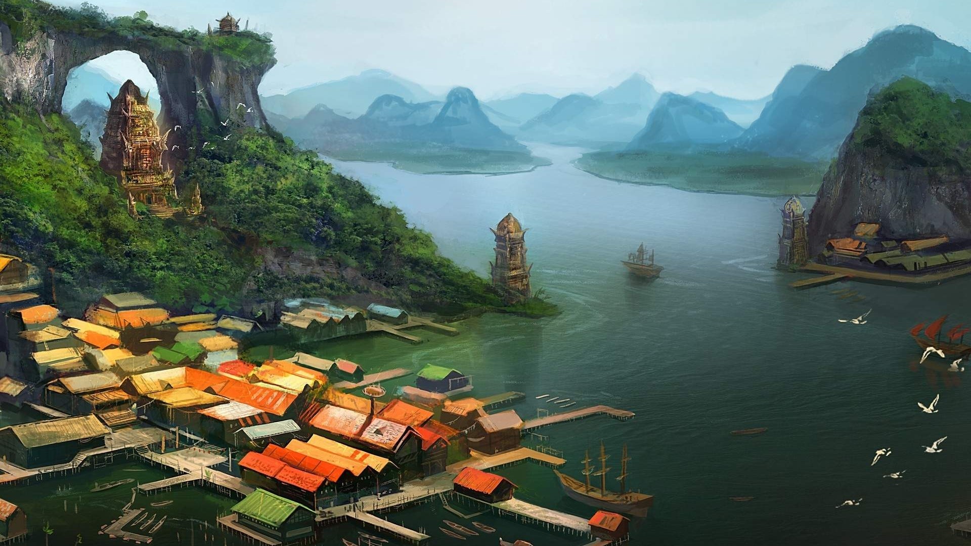Fantasy City on the Water with Mountains HD Wallpaper