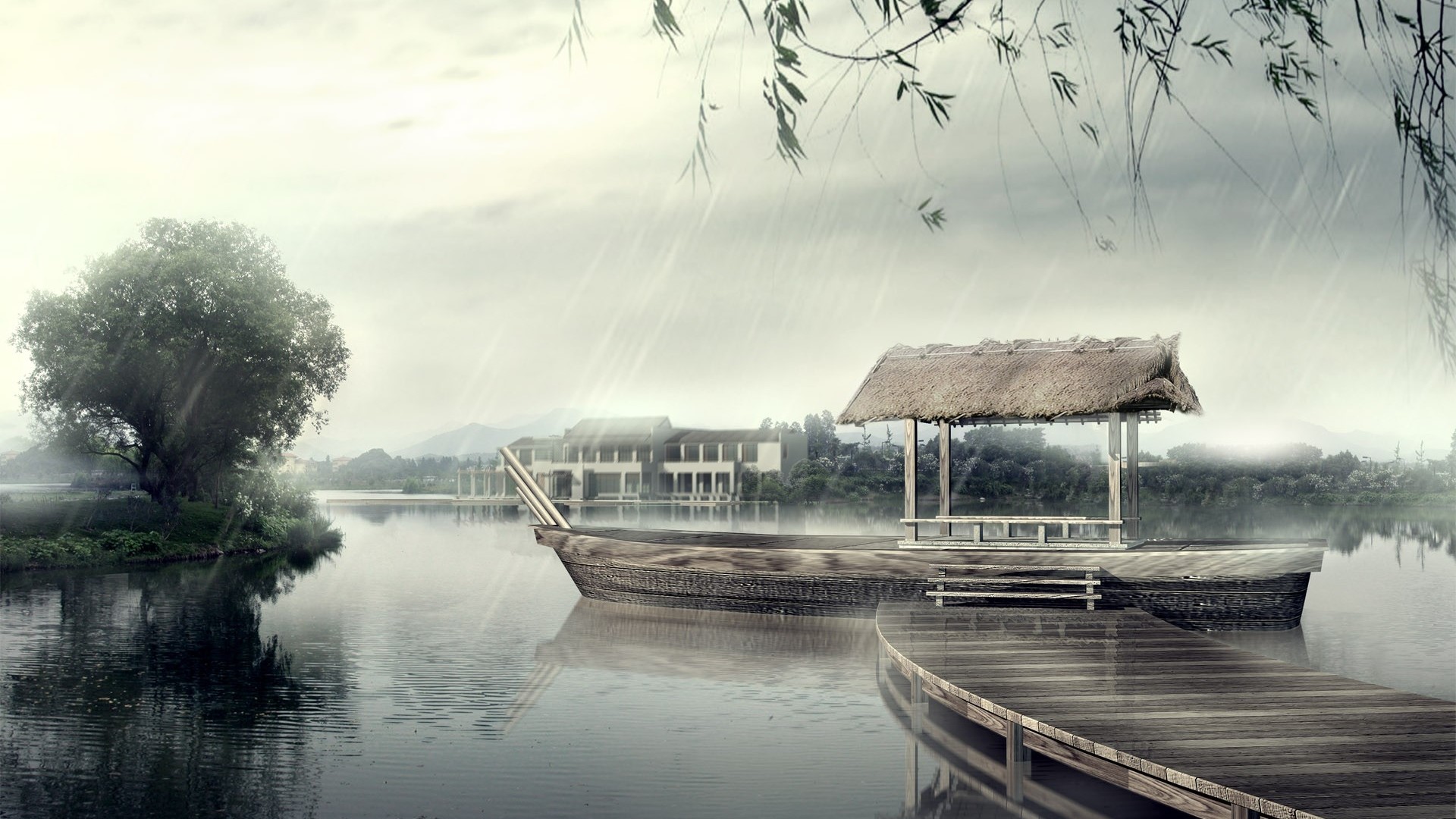 Rainy day by a lake with a boat and gazebo HD Wallpaper