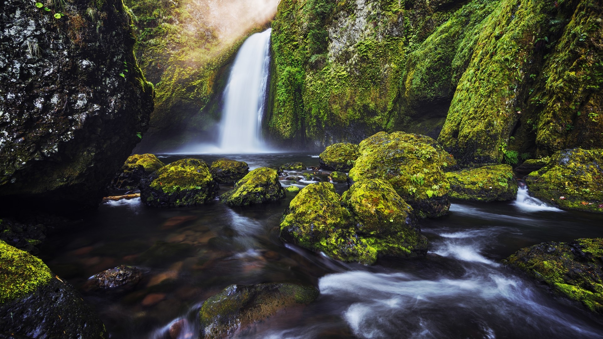 Mossy Rocks and Waterfall in Forest HD Wallpaper
