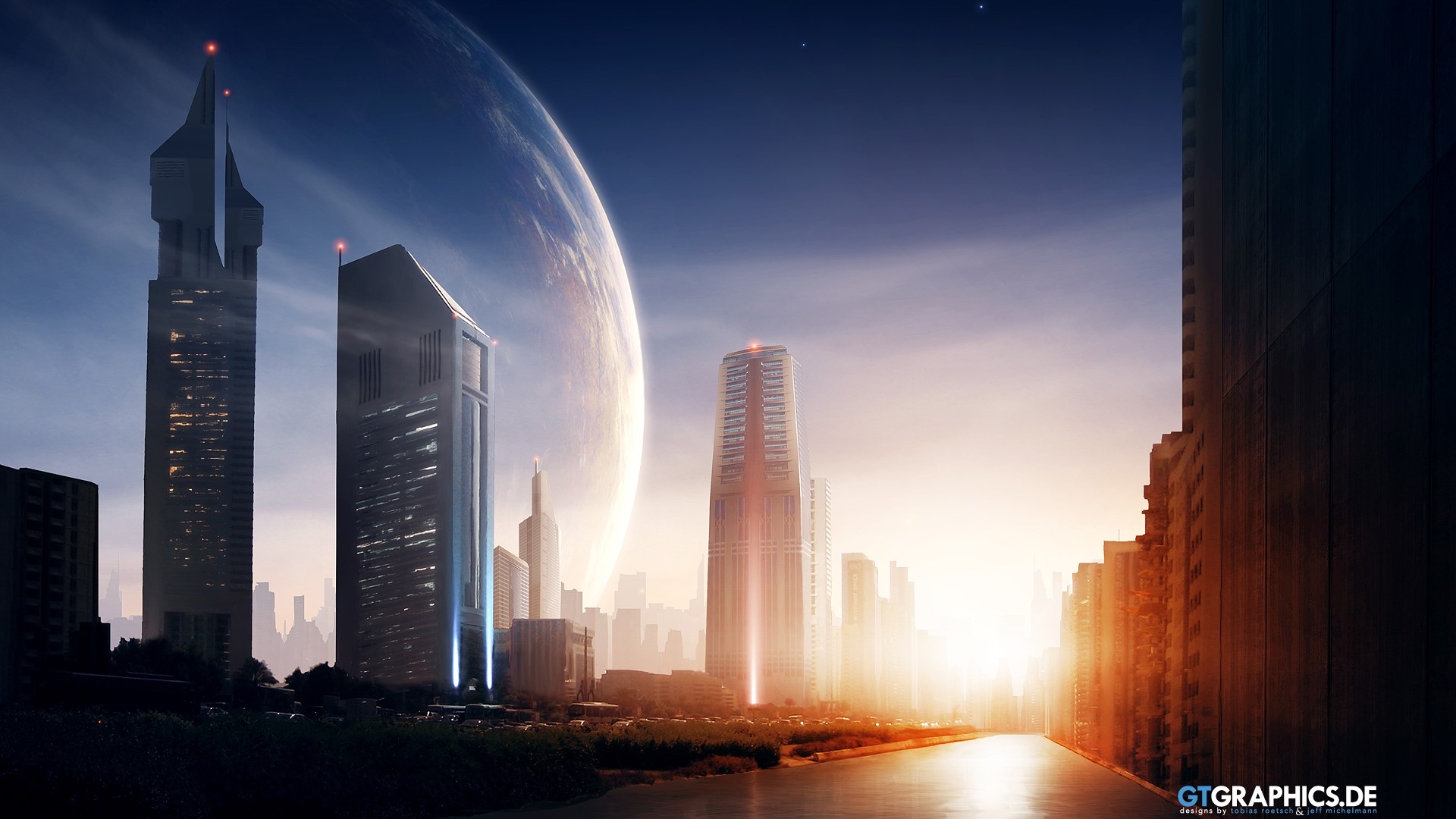 Futuristic Cityscape with Planet HD Wallpaper