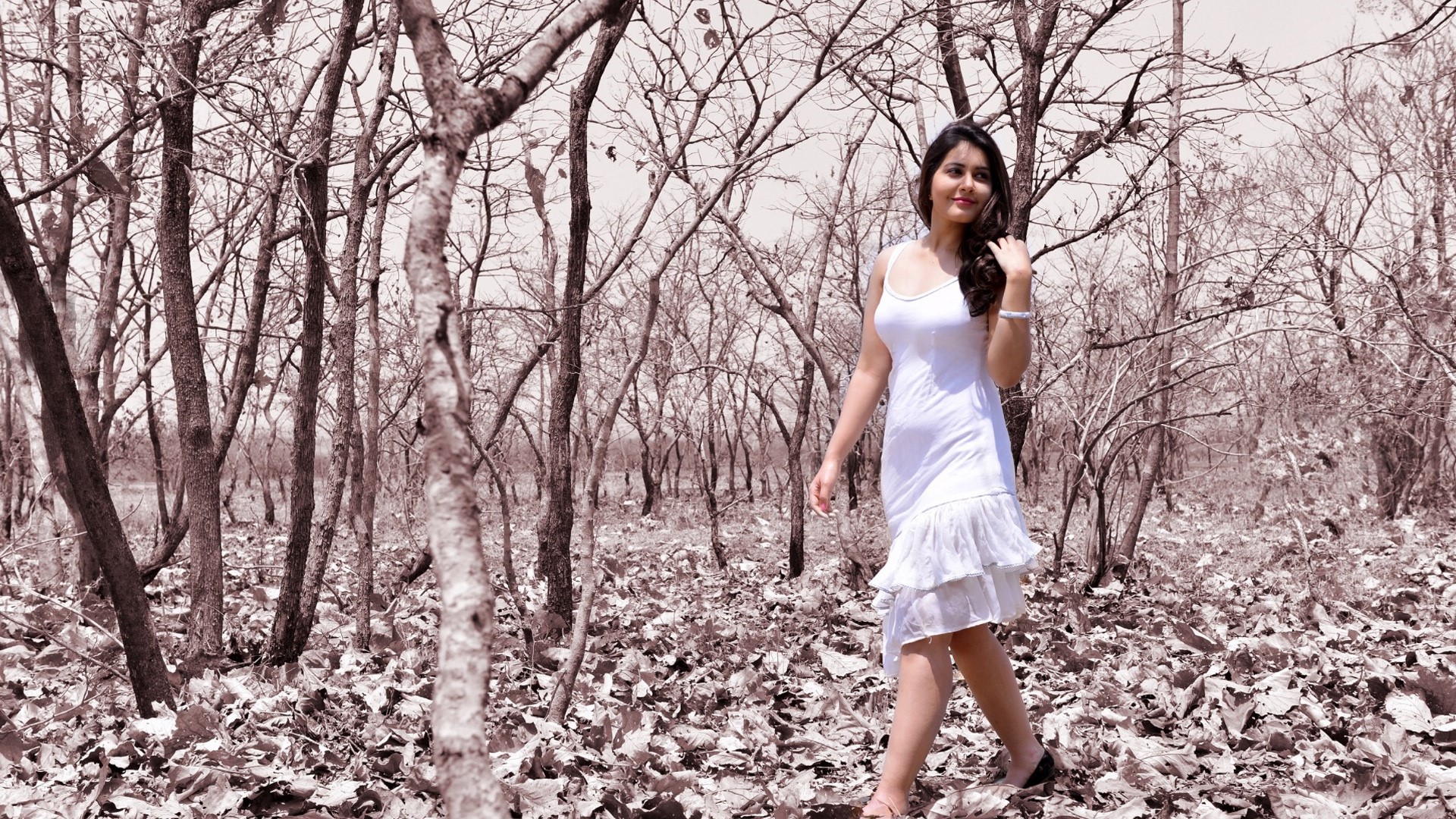 Rashi Khanna in a white dress in a forest HD Wallpaper