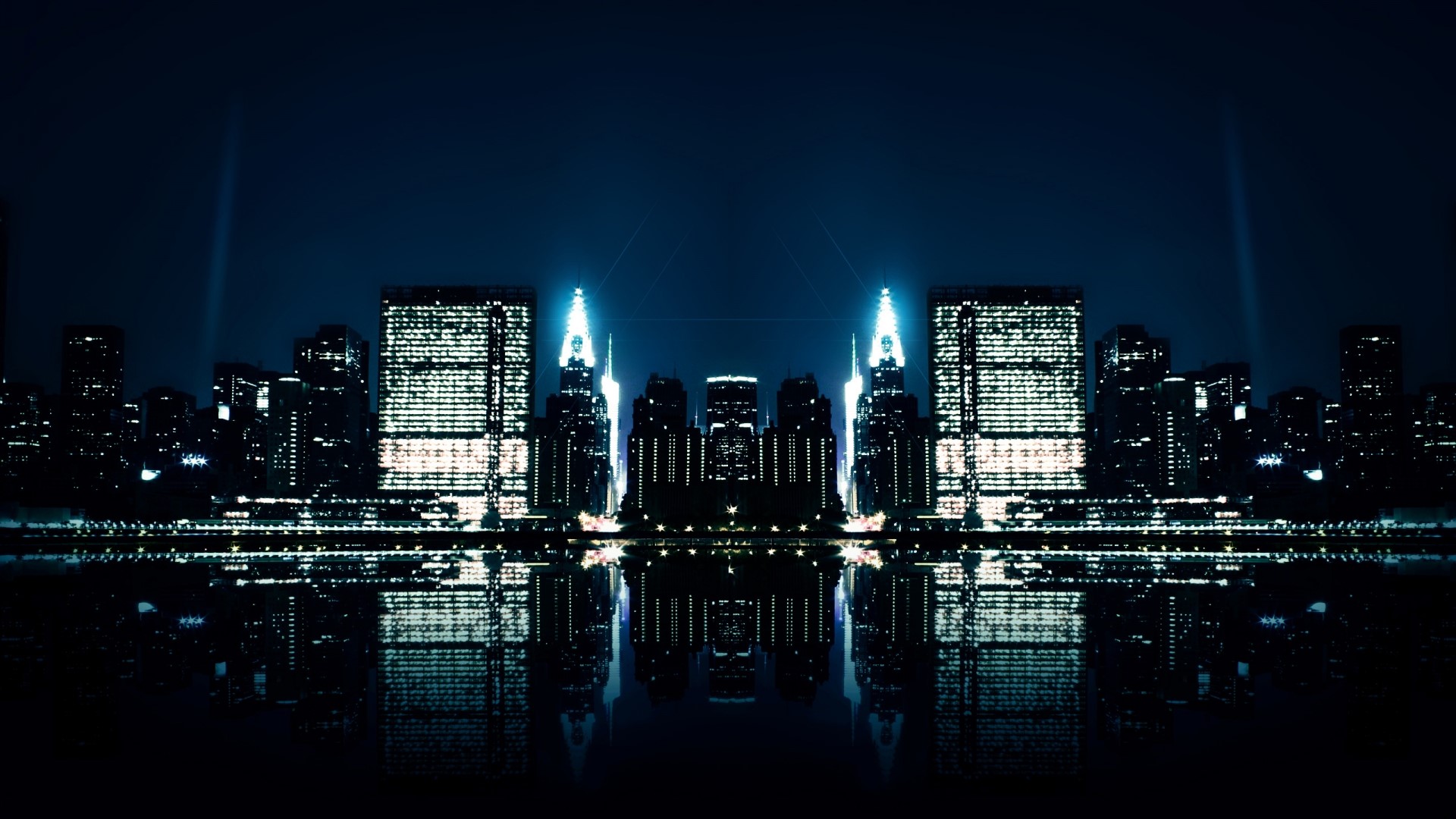City Skyline at Night with Reflections HD Wallpaper