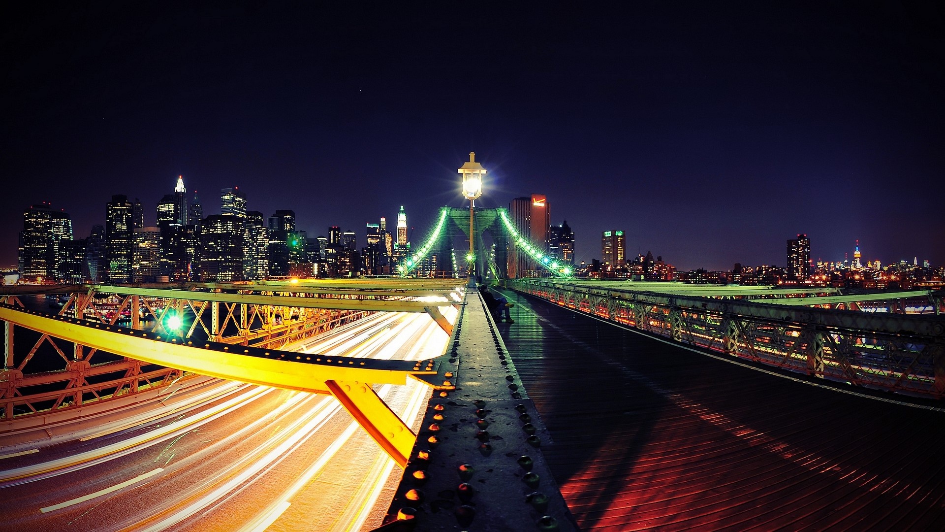 Brooklyn Bridge at Night with New York City Skyline HD Wallpaper