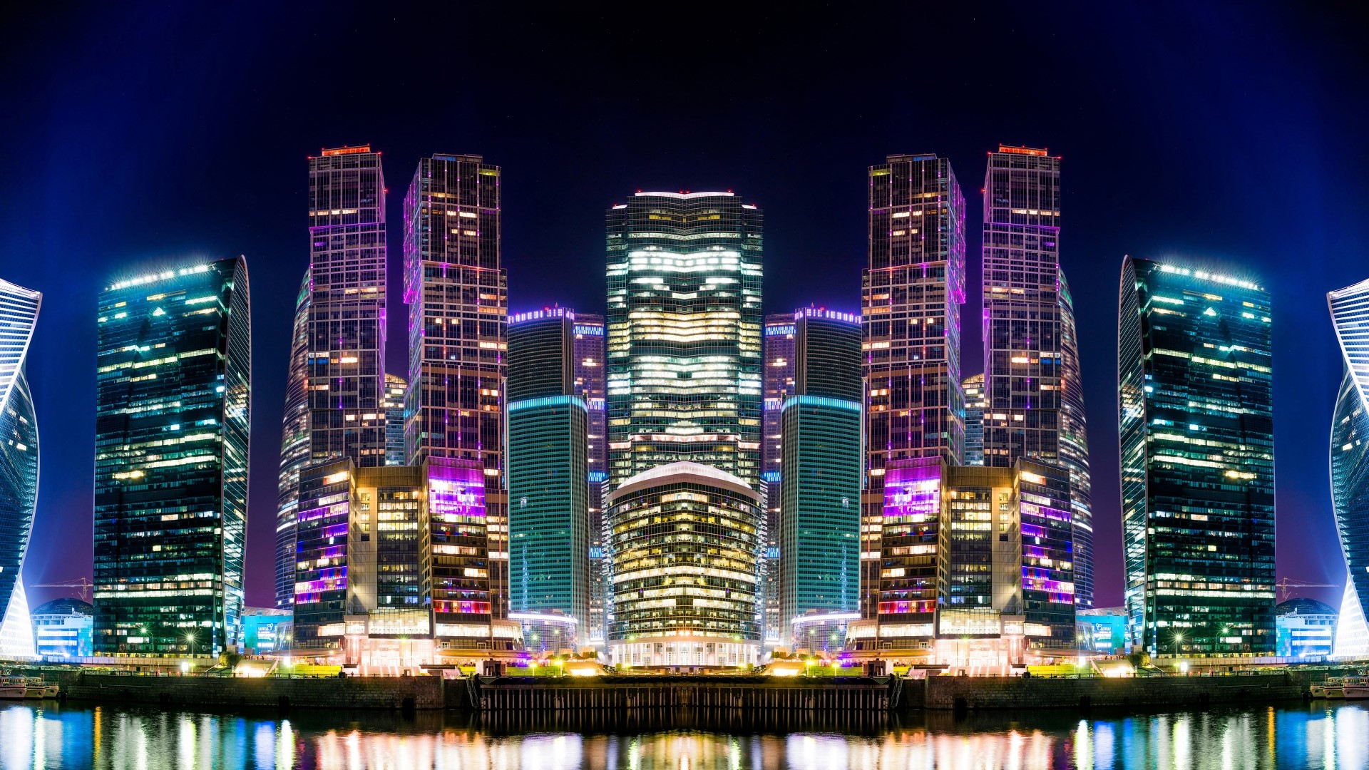 Moscow skyscrapers at night reflected in water HD Wallpaper