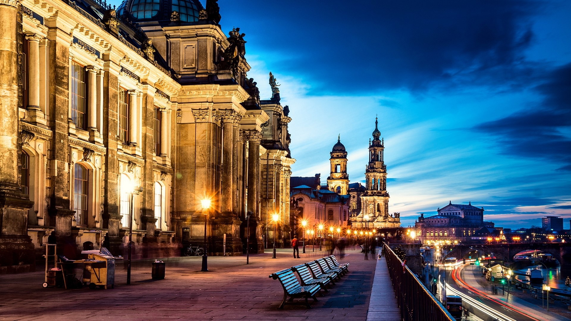 Dresden city skyline at dusk with historic buildings HD Wallpaper