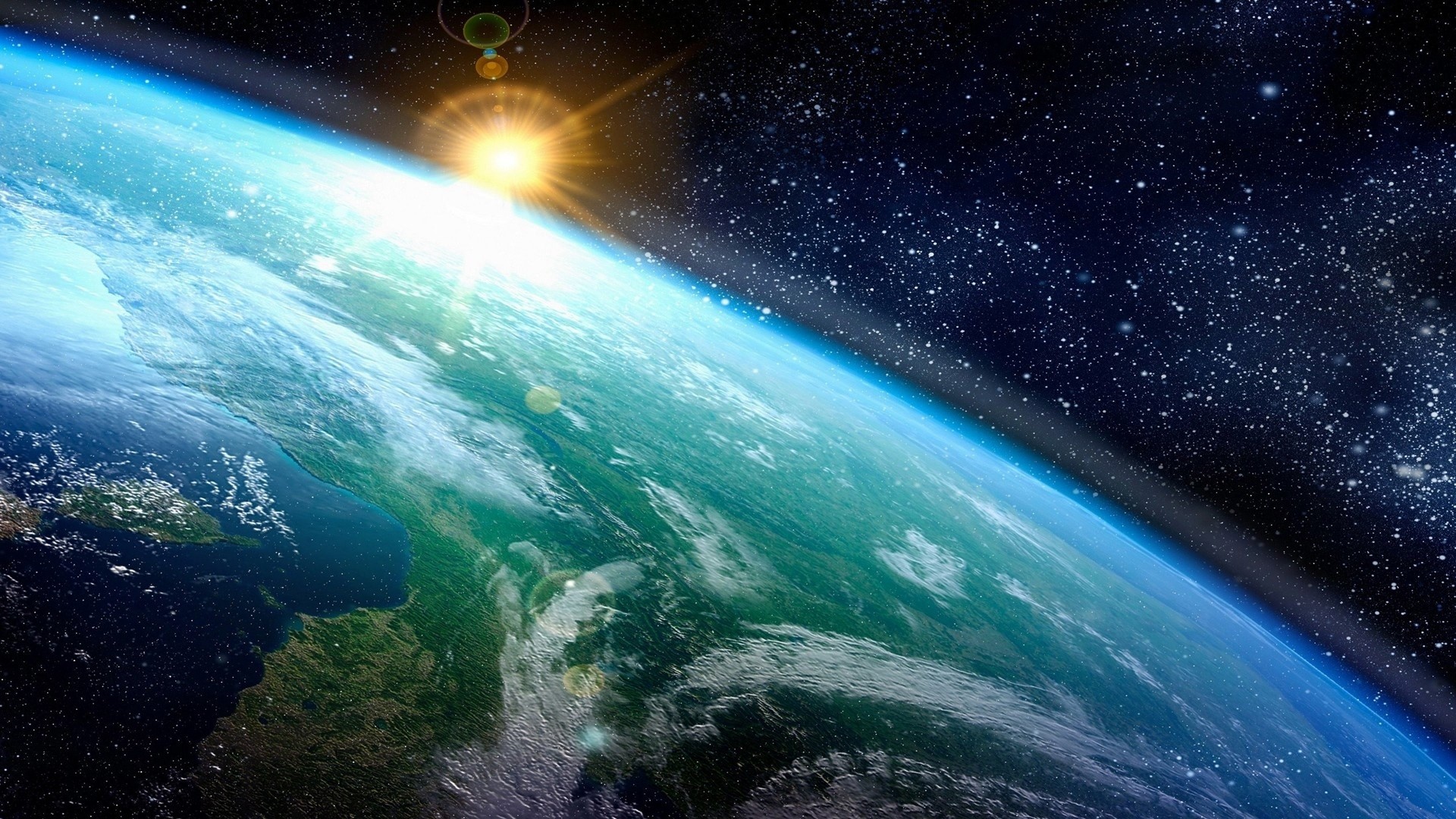Earth from space with sunrise and stars HD Wallpaper