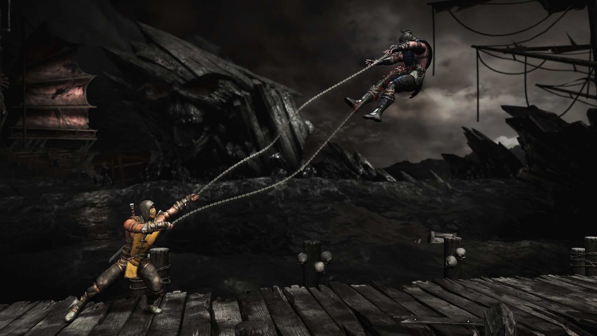 Scorpion and Sub-Zero fighting on a Mortal Kombat X stage HD Wallpaper