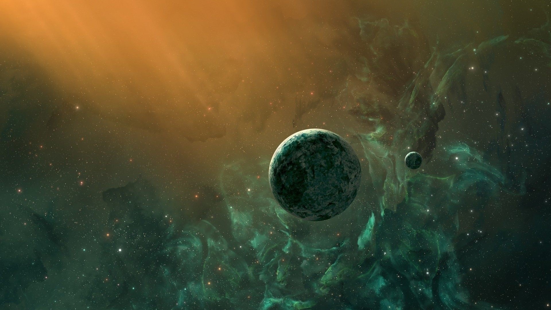 Planets in Nebula with Light Rays HD Wallpaper