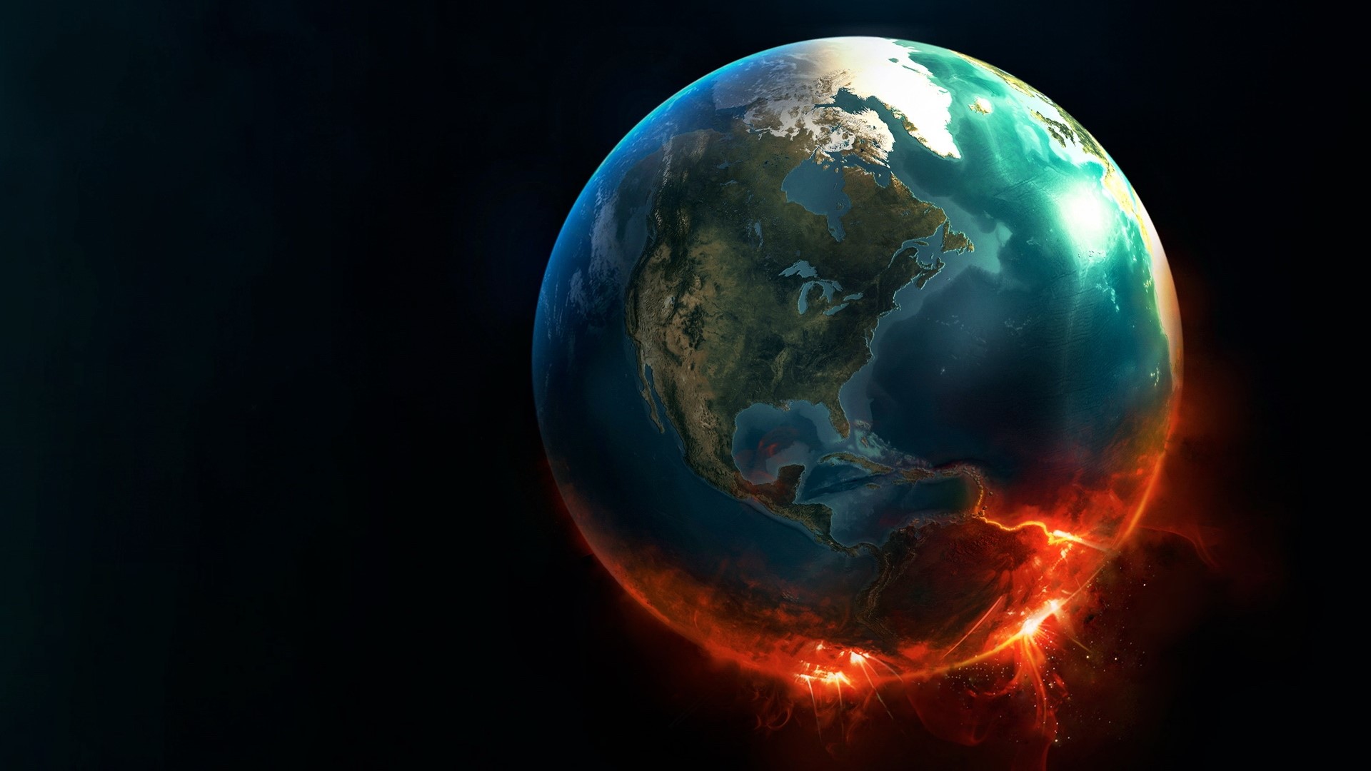 Planet Earth in Outer Space with Fiery Eruption HD Wallpaper