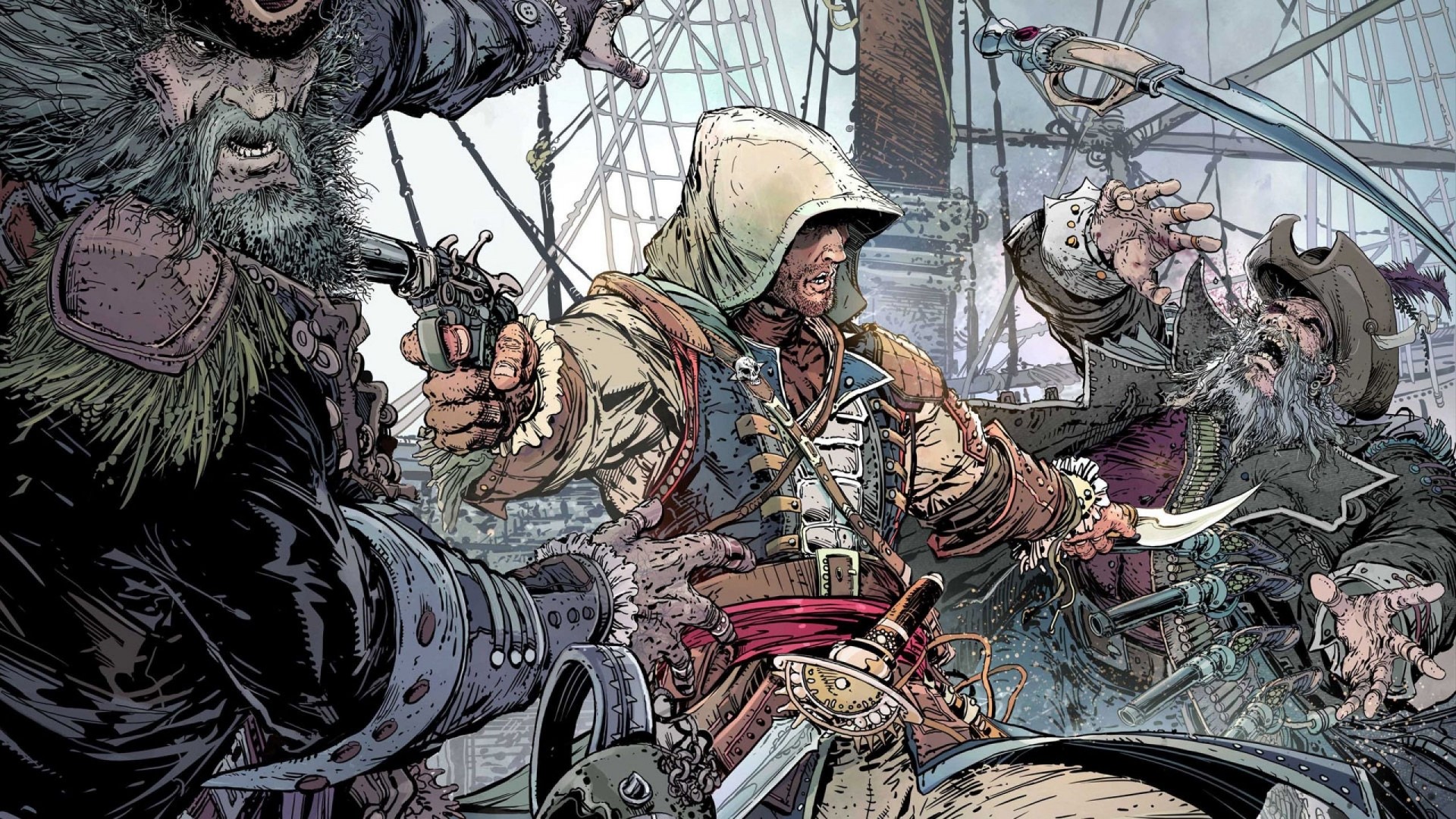 Edward Kenway and pirates fighting on a ship HD Wallpaper