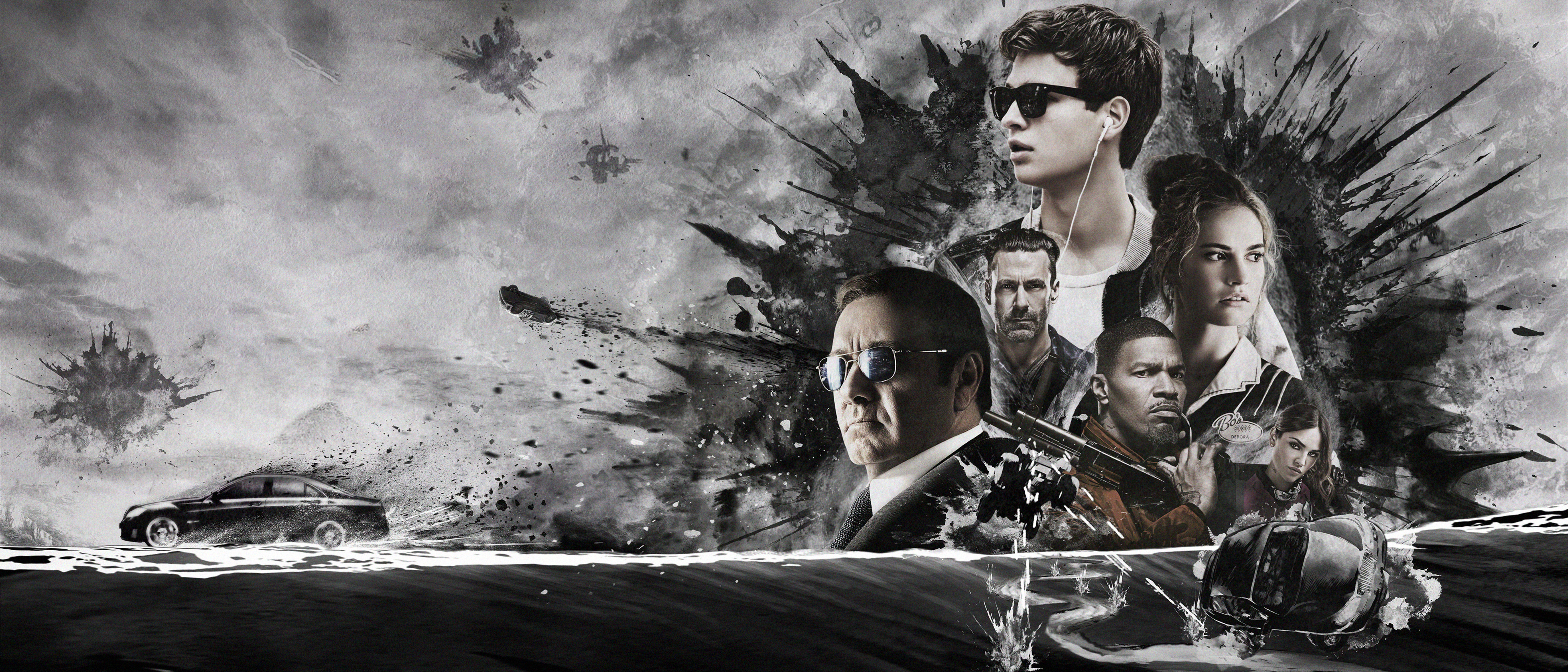 Baby Driver 2017 movie poster with Ansel Elgort, Jamie Foxx, Kevin Spacey, Jon Hamm, Lily James, Eiza González HD Wallpaper
