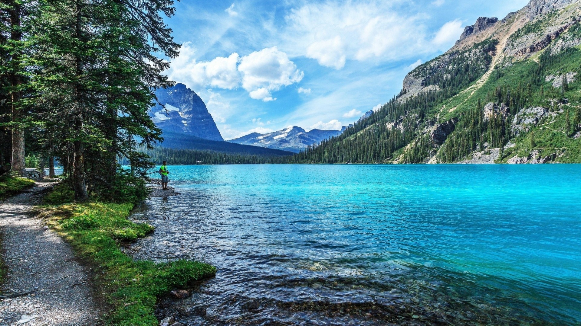 Man fishing in a turquoise lake with mountains HD Wallpaper