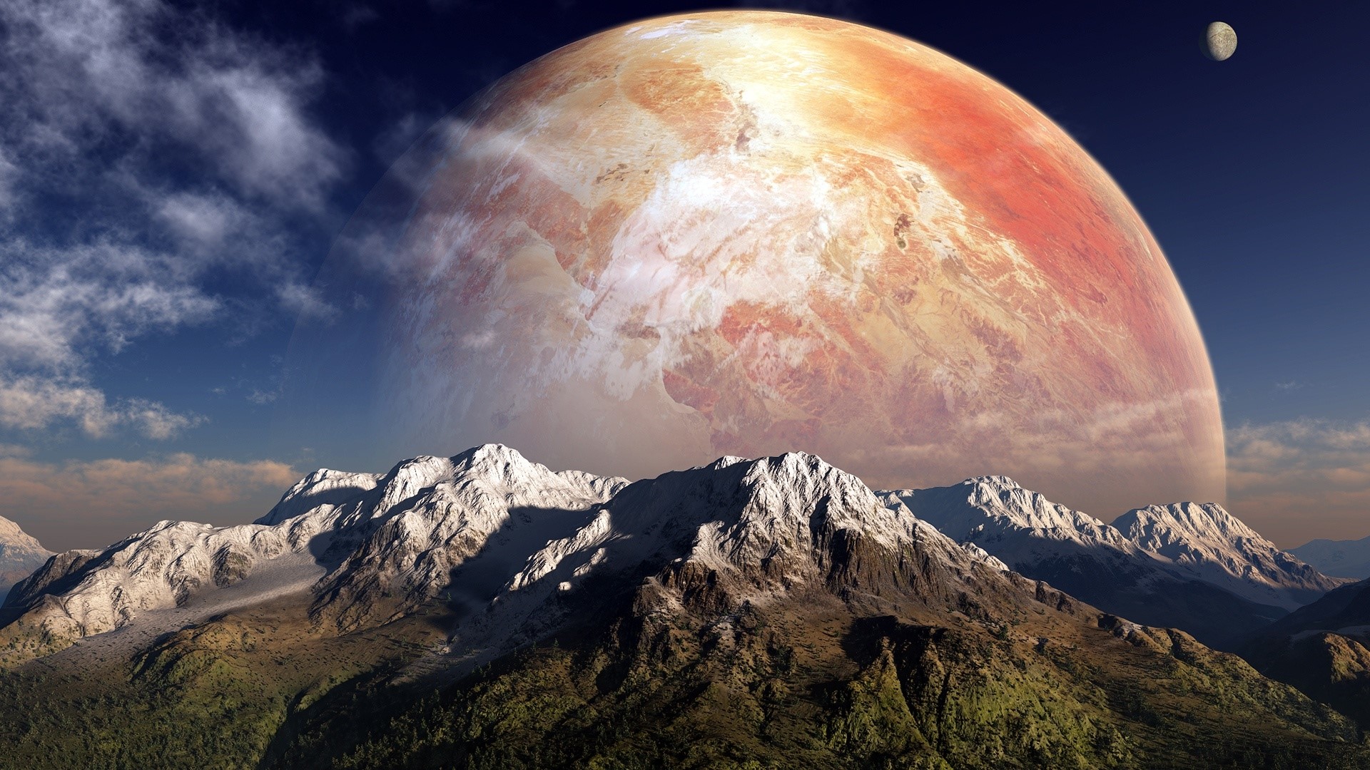 Planet and Moon over Mountains HD Wallpaper