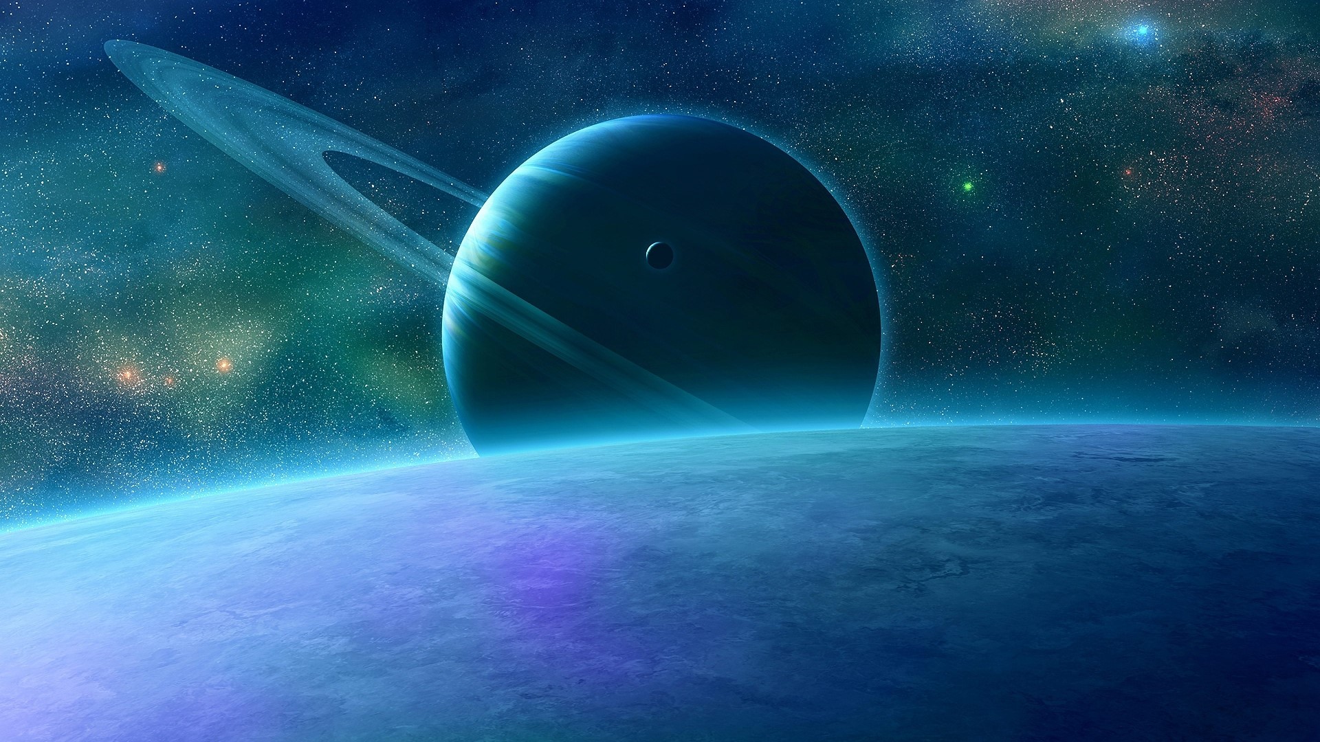 Planet with rings and moon in space HD Wallpaper