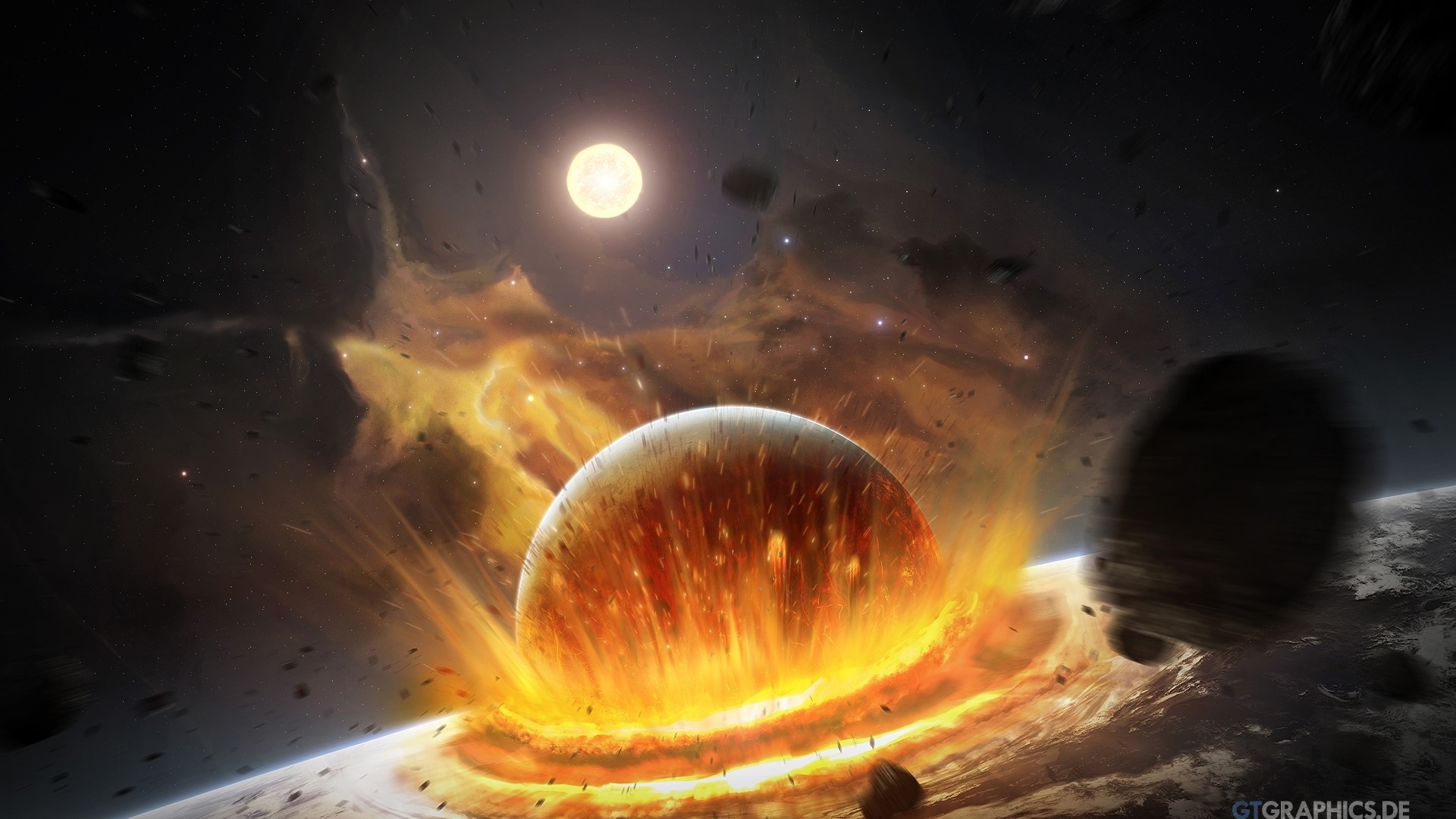 Planet Impact with Sun and Debris HD Wallpaper