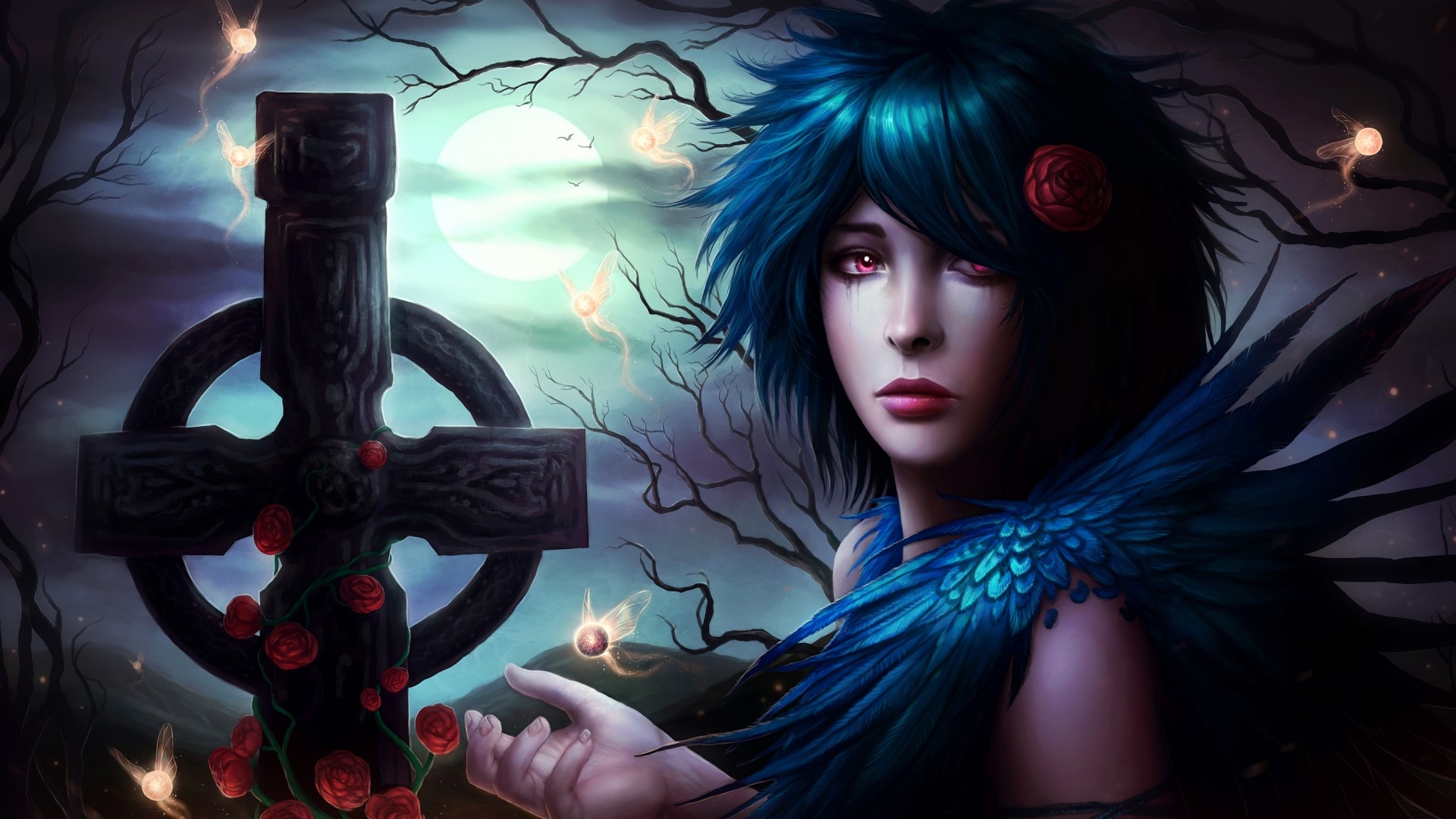 Gothic woman with blue hair and roses near a Celtic cross HD Wallpaper