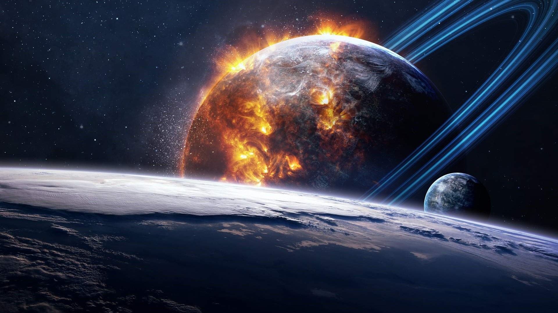 Planetary ring system with burning planet and moon HD Wallpaper