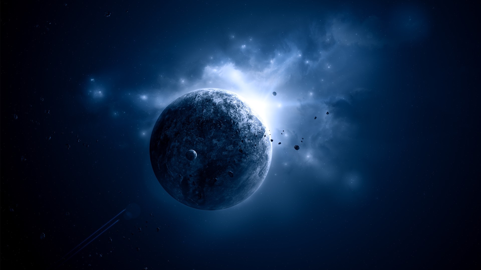 Planet and asteroids in space HD Wallpaper