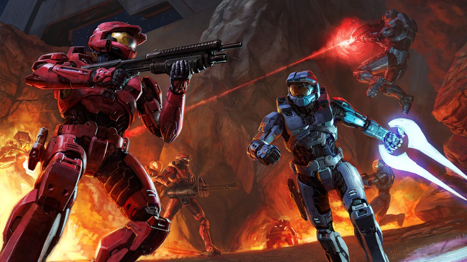 Red vs. Blue soldiers in combat HD Wallpaper