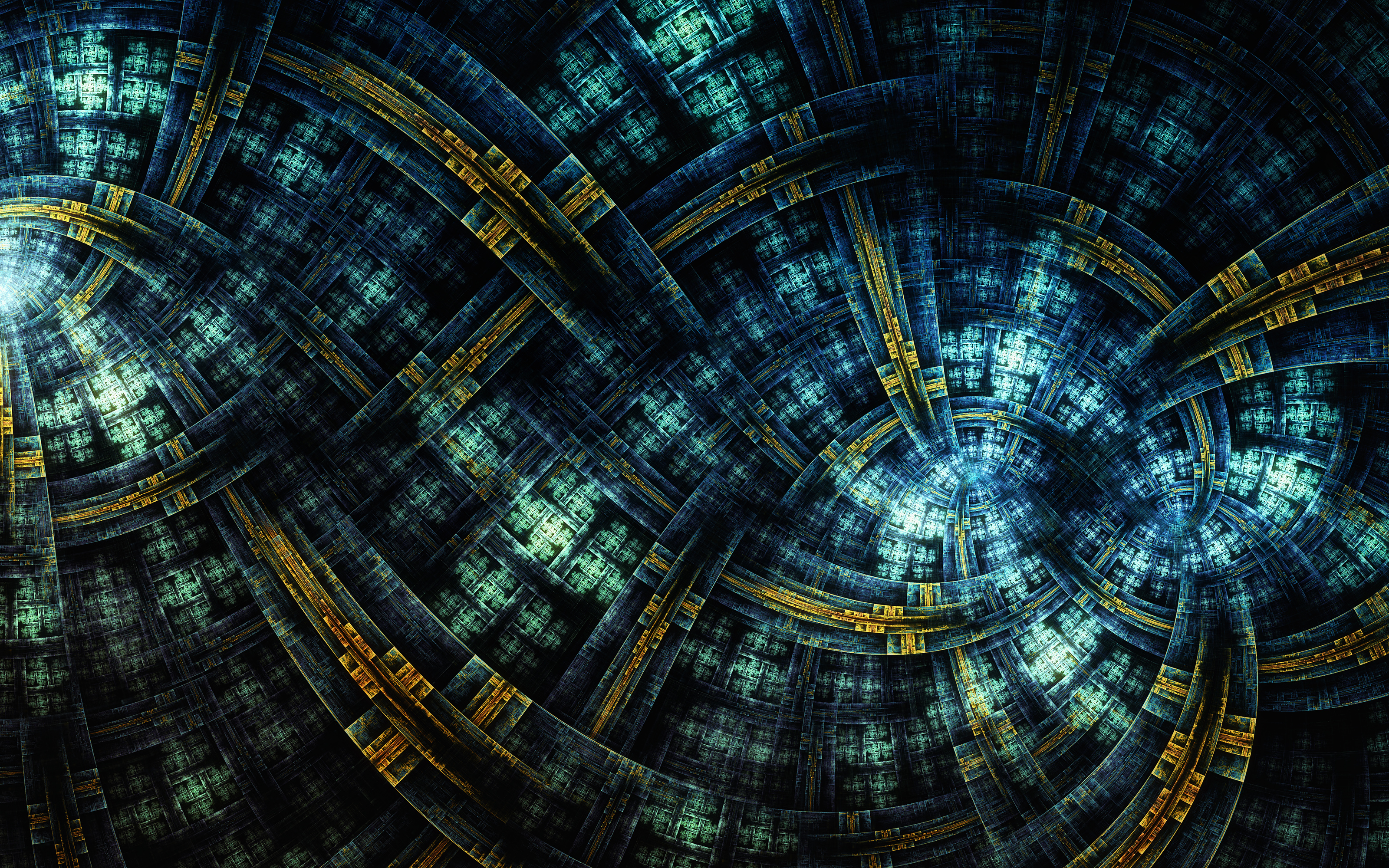 Abstract Fractal Pattern with Blue and Gold Interlocking Structures HD Wallpaper