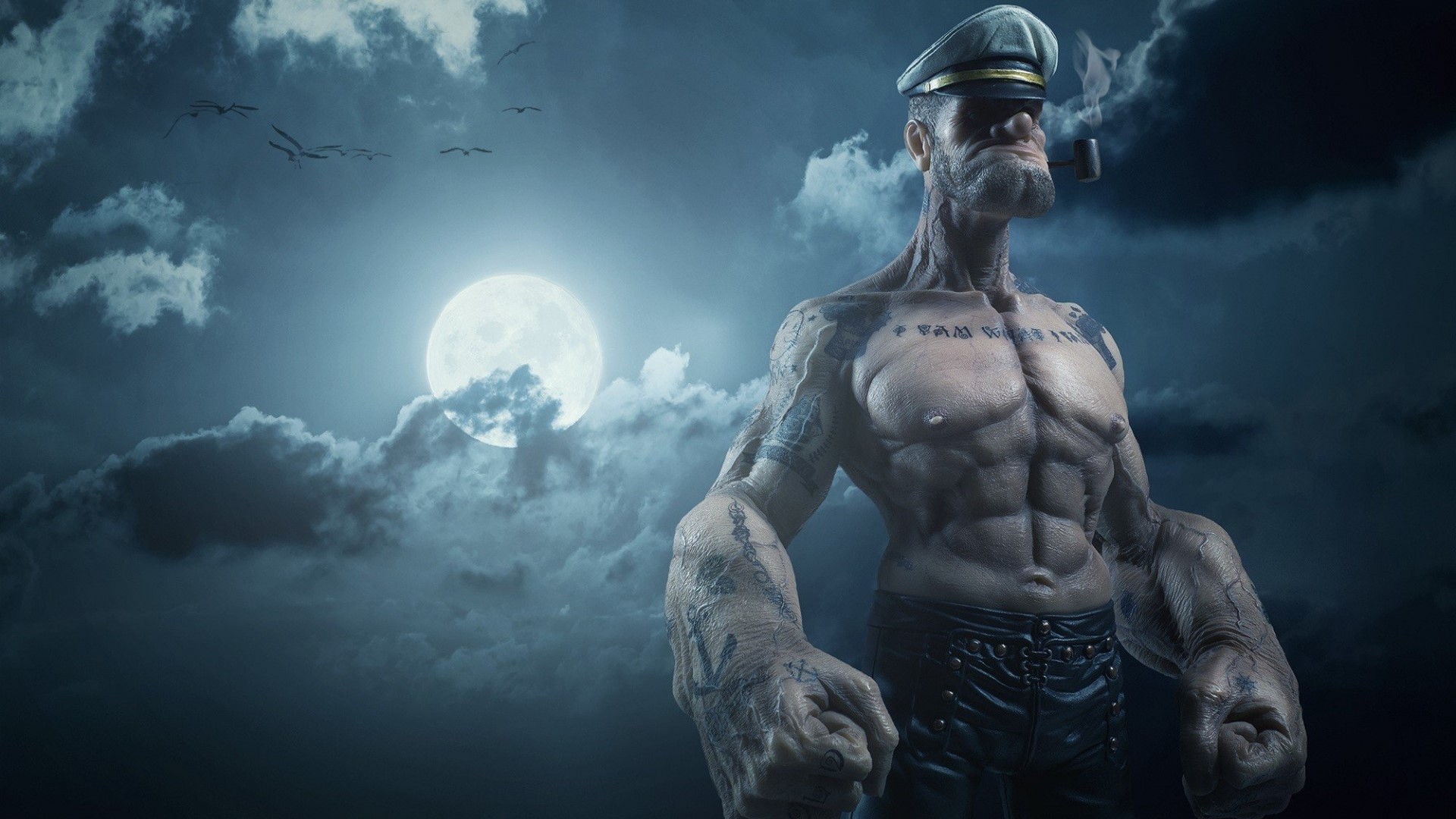 Popeye smoking pipe under the moon HD Wallpaper