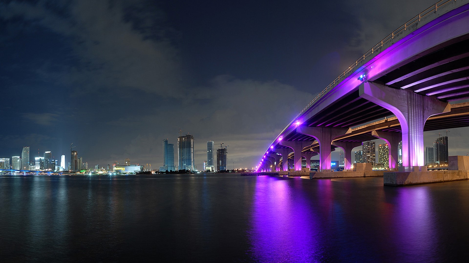 Miami City Skyline and Bridge at Night HD Wallpaper