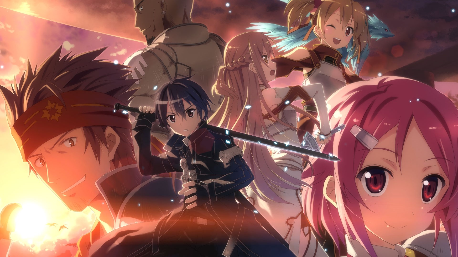 Sword Art Online characters in a sunset scene HD Wallpaper