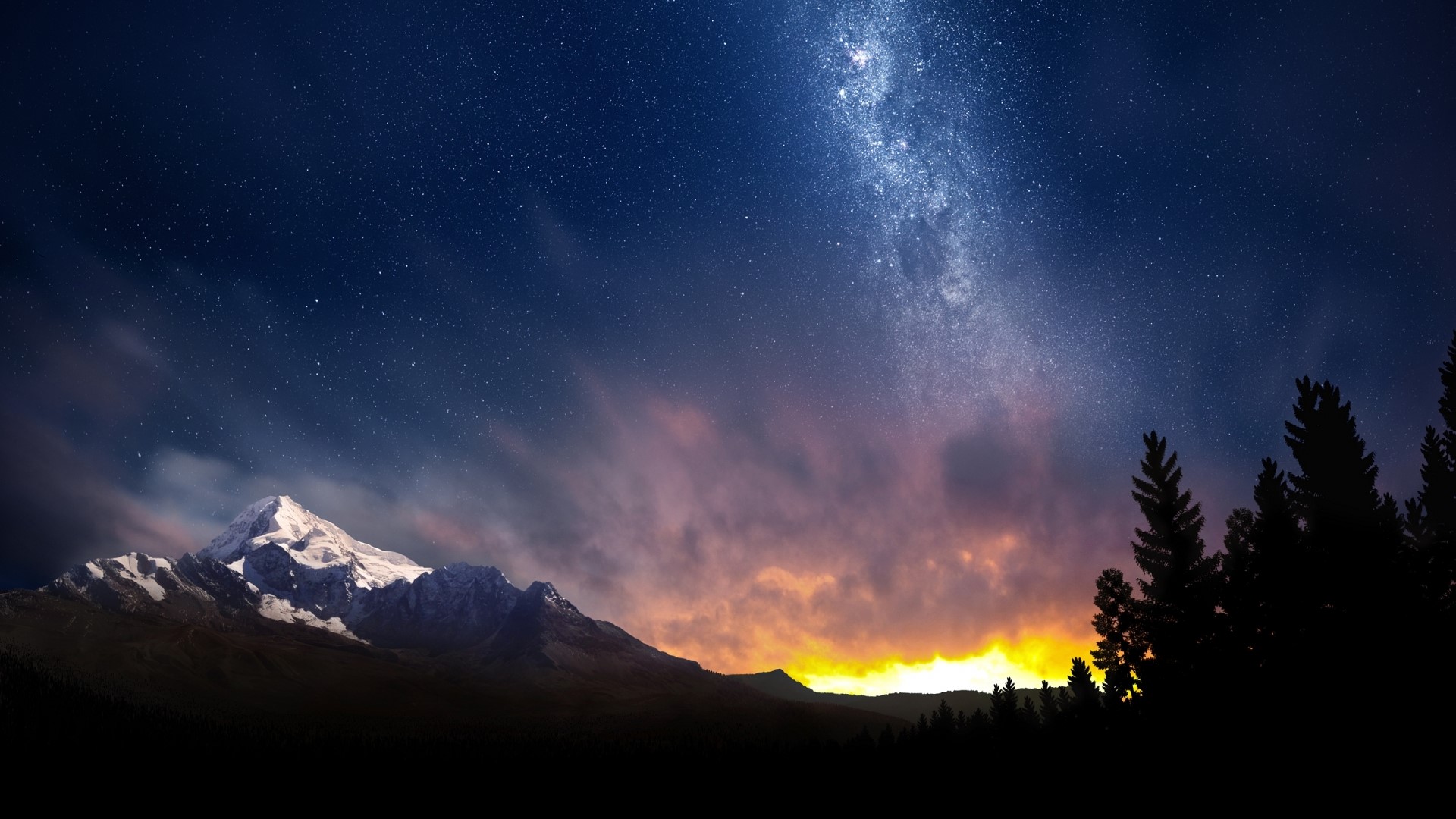 Milky Way over snow-capped mountains and pine forest HD Wallpaper
