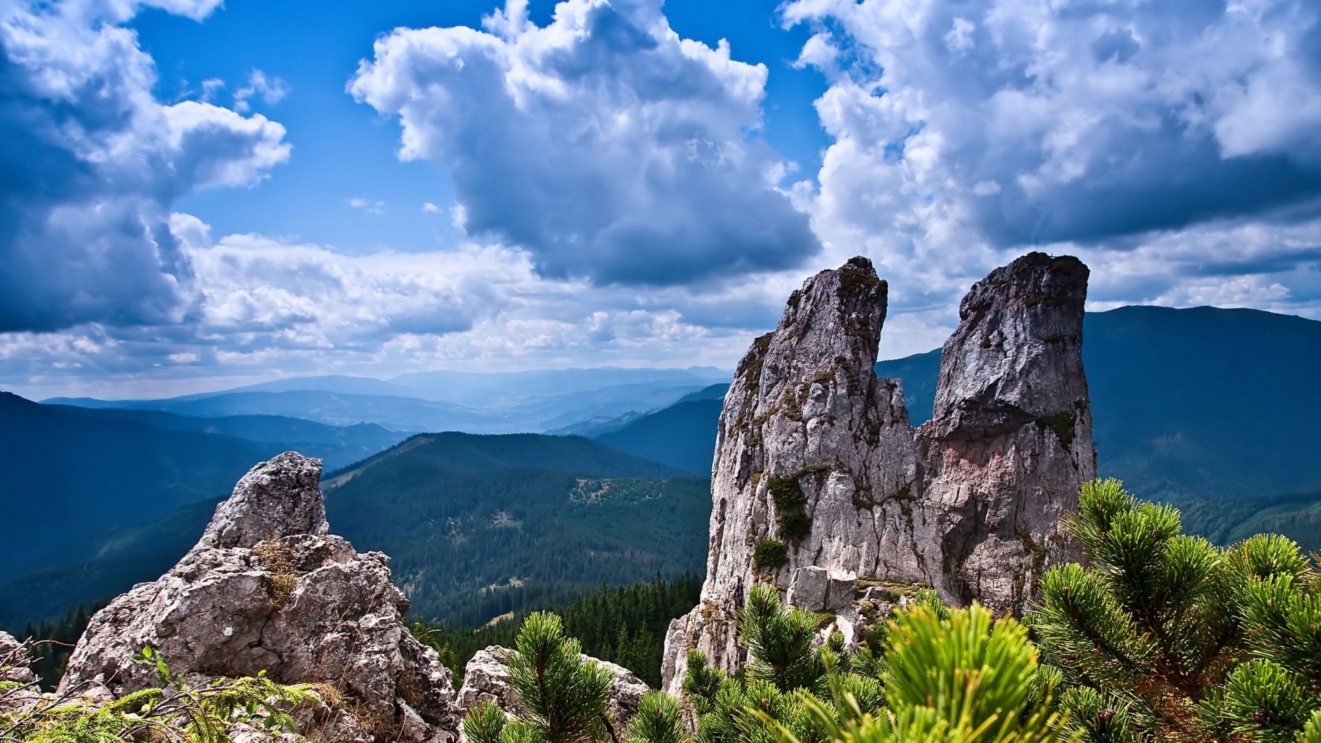 Rocky mountain peaks with green forest and blue sky HD Wallpaper