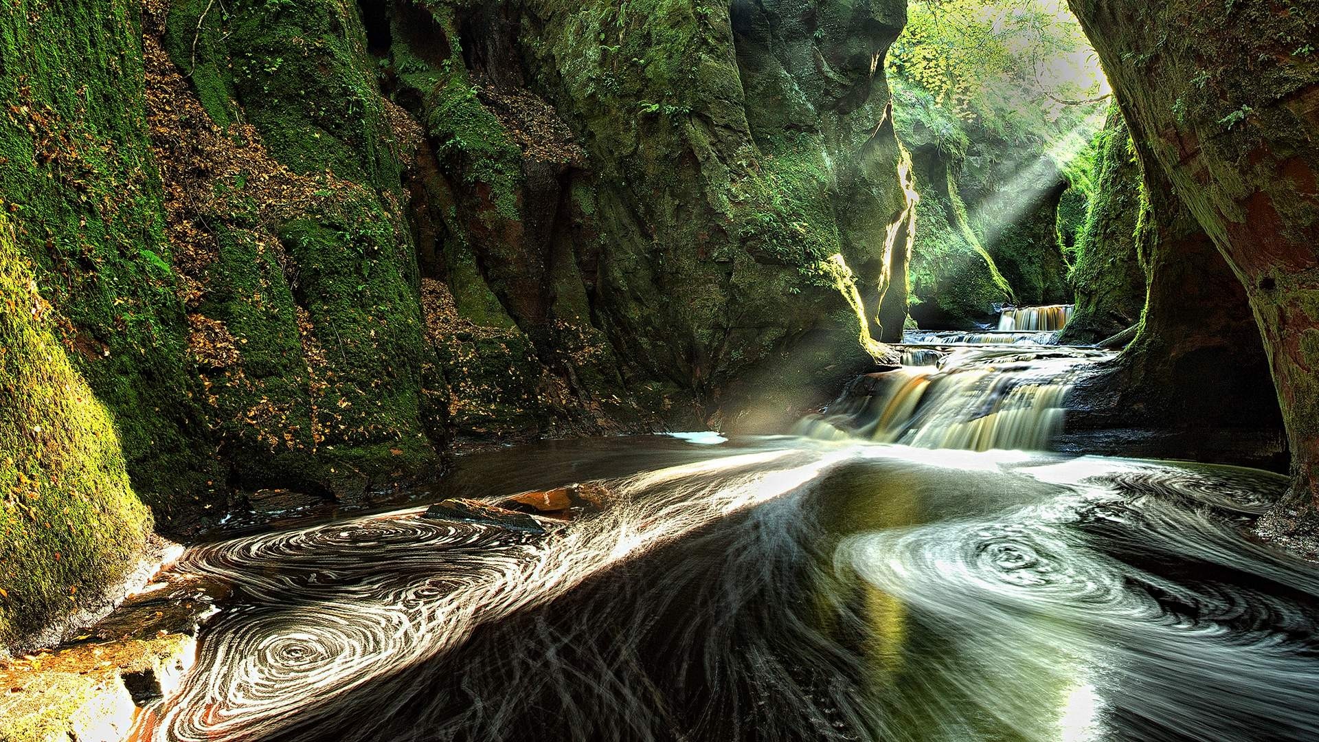 Mossy gorge with a river and waterfalls HD Wallpaper
