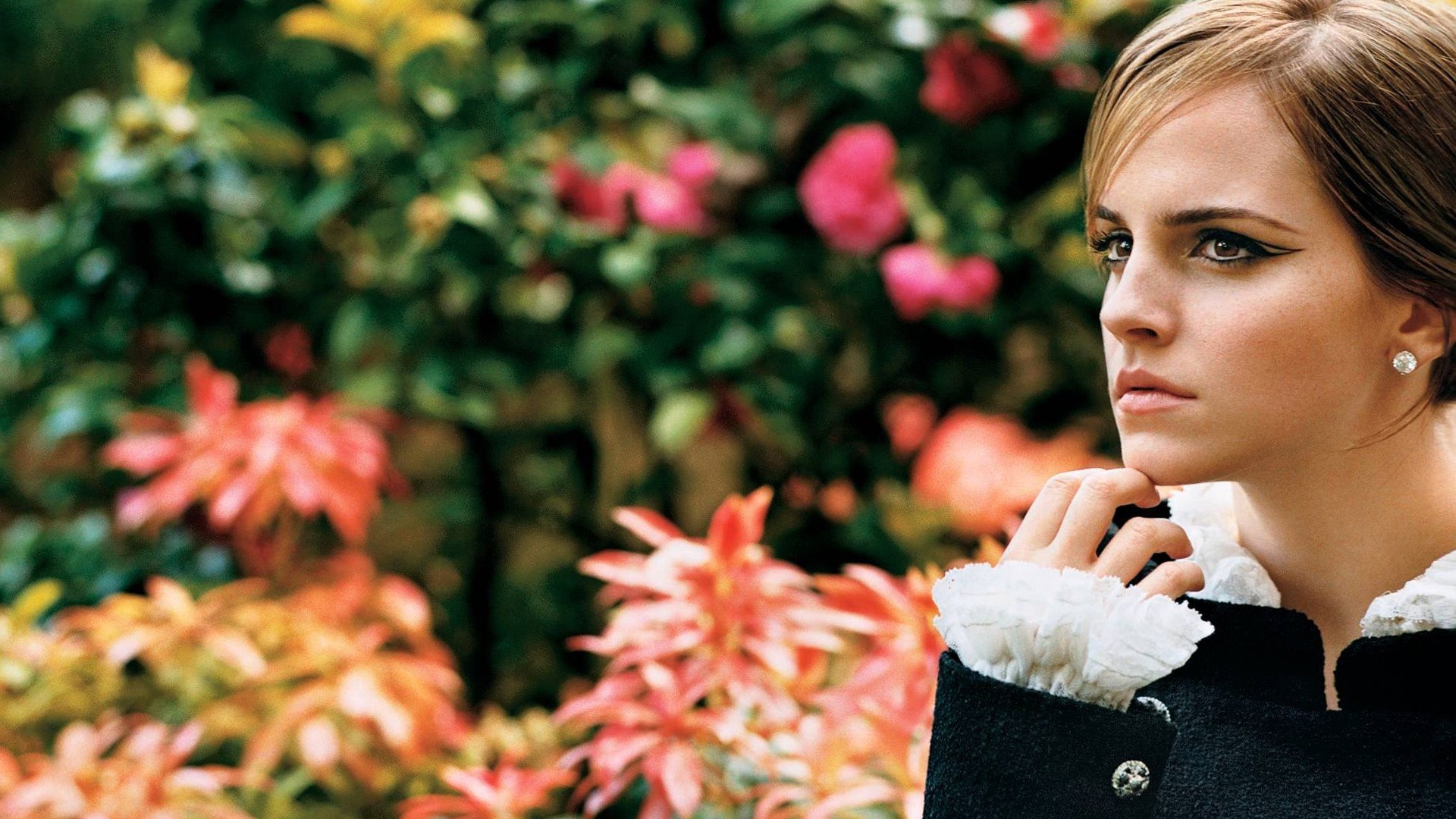 Emma Watson in Black Coat with Ruffled Collar HD Wallpaper