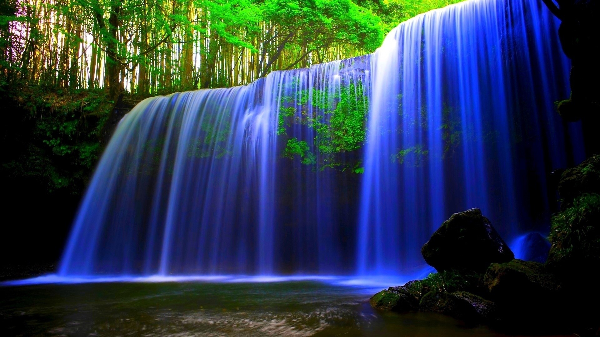 Blue Waterfall in a Forest HD Wallpaper
