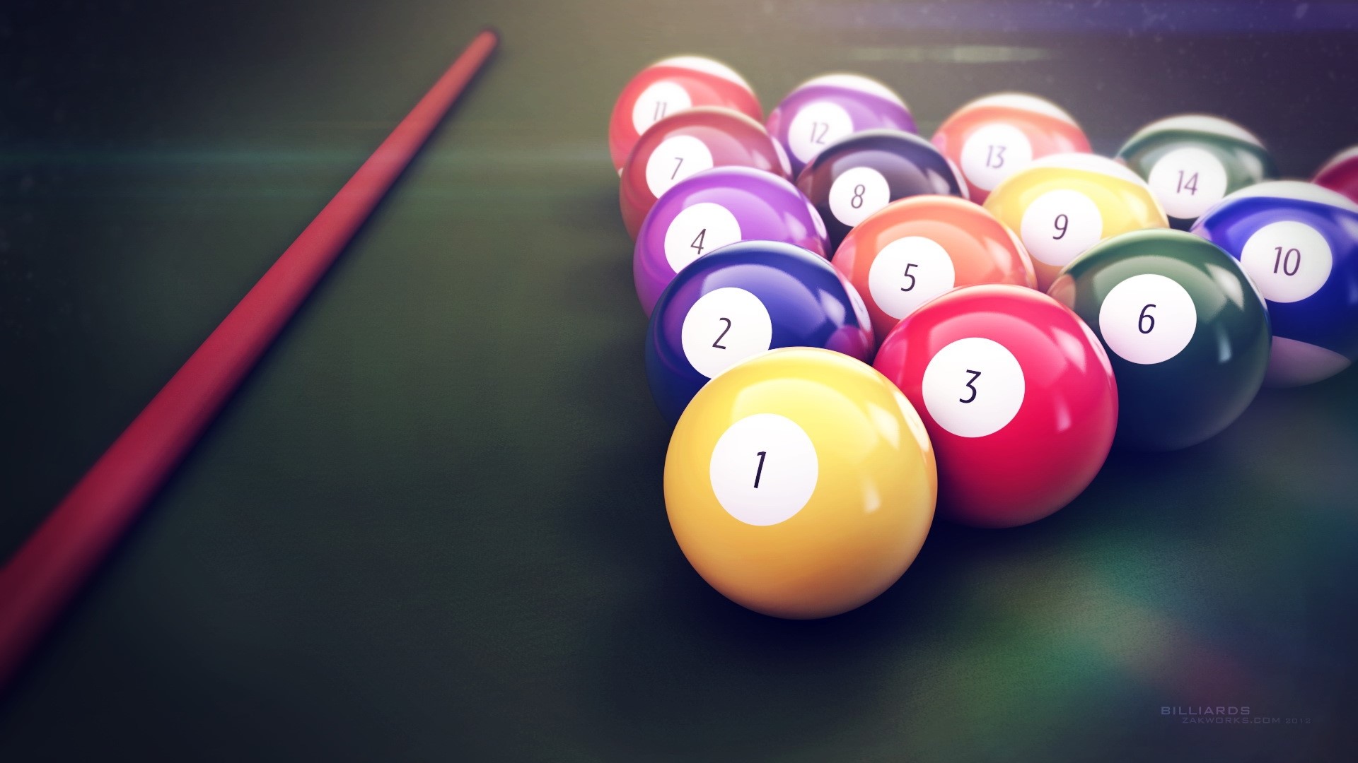 Billiard balls racked on a green felt table with a red cue stick HD Wallpaper