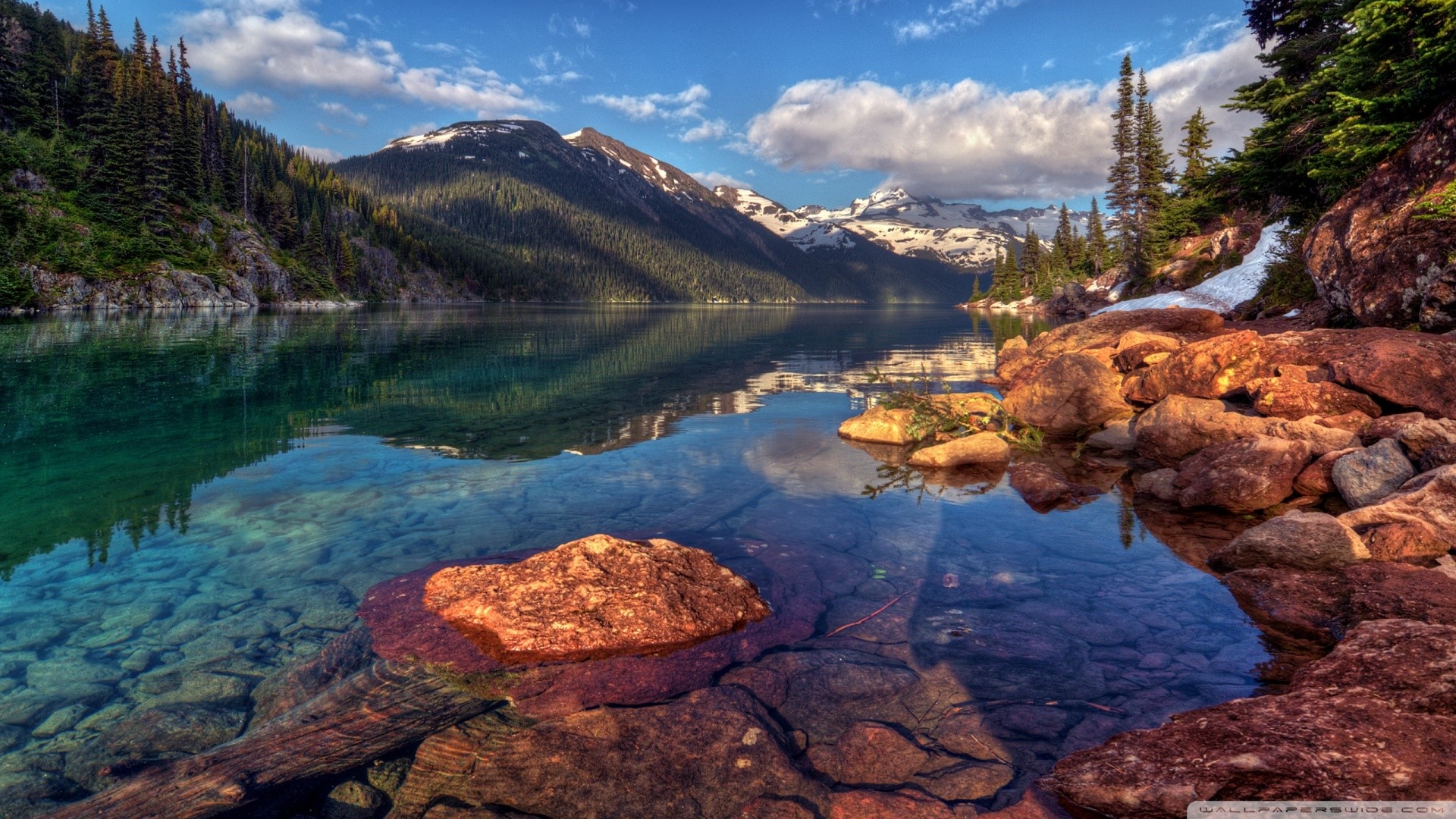 Mountain Lake with Rocky Shoreline and Forest HD Wallpaper