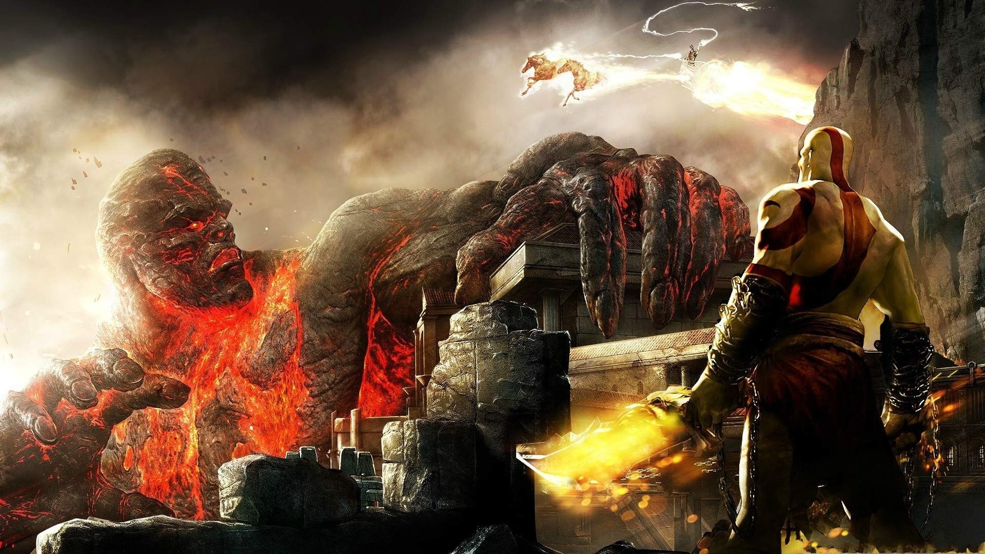 Kratos fighting a giant lava monster in God of War HD Wallpaper