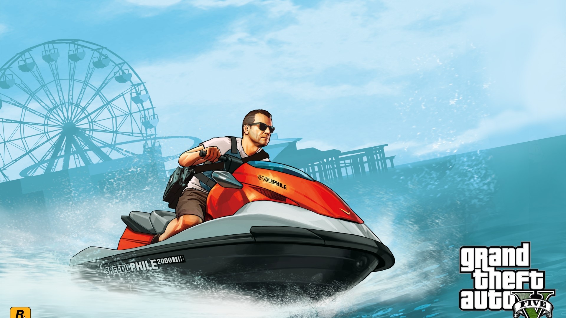 Michael De Santa from Grand Theft Auto V on a jet ski HD Wallpaper