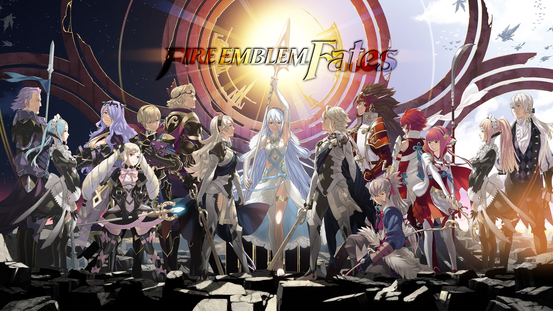 Fire Emblem Fates characters in front of a circular emblem HD Wallpaper