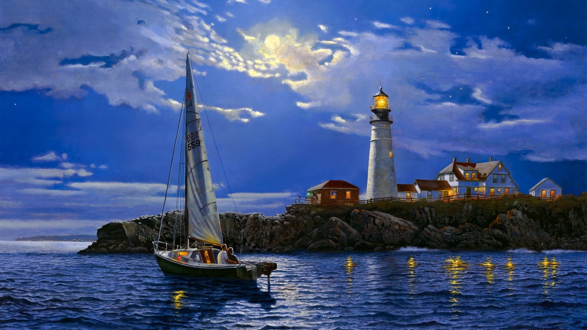 Sailboat near a lighthouse at night HD Wallpaper