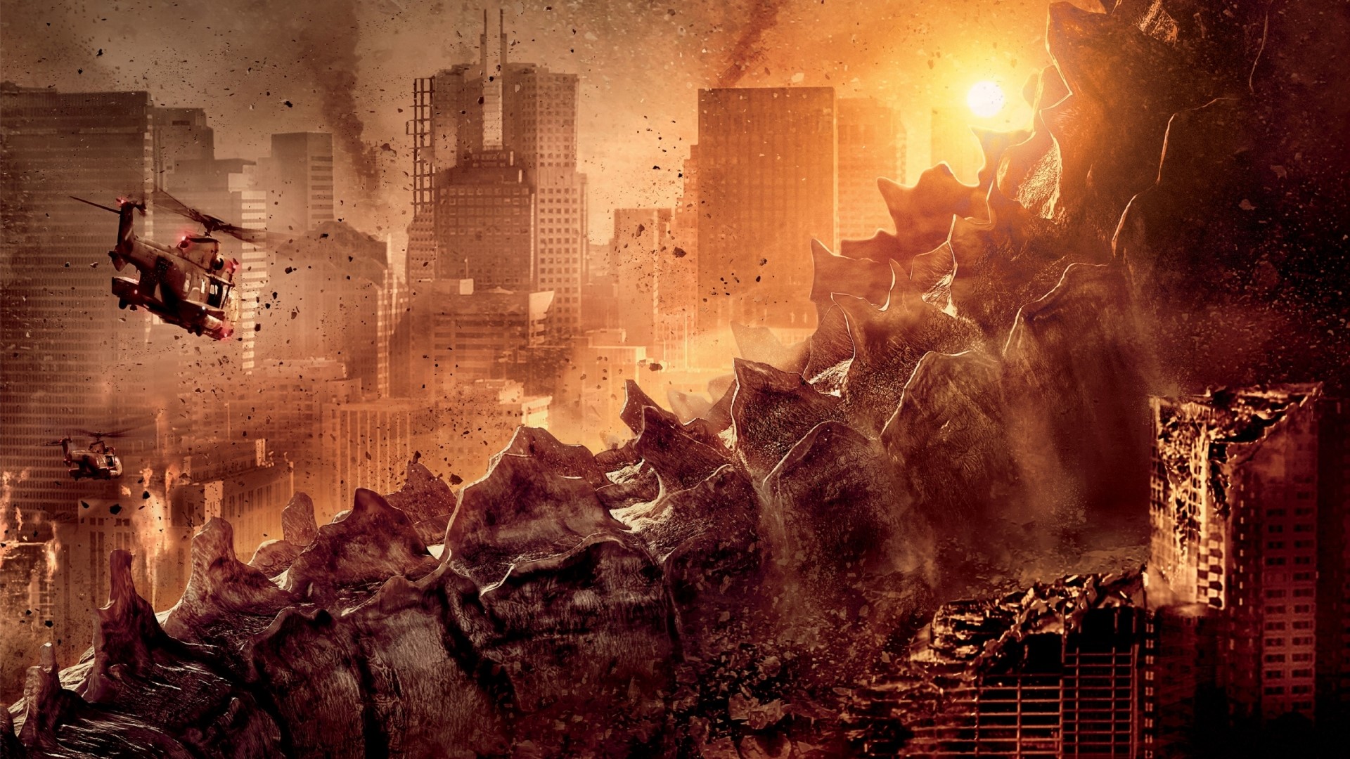 Godzilla attacking a city with helicopters HD Wallpaper