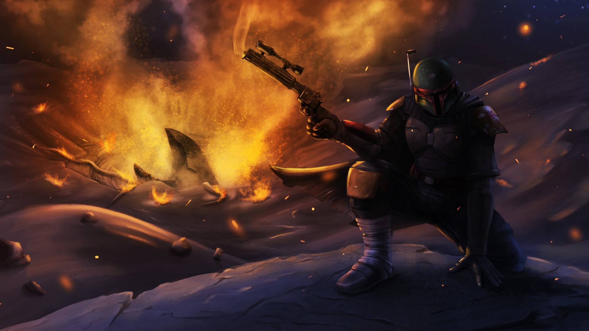 Boba Fett from Star Wars in a fiery landscape HD Wallpaper