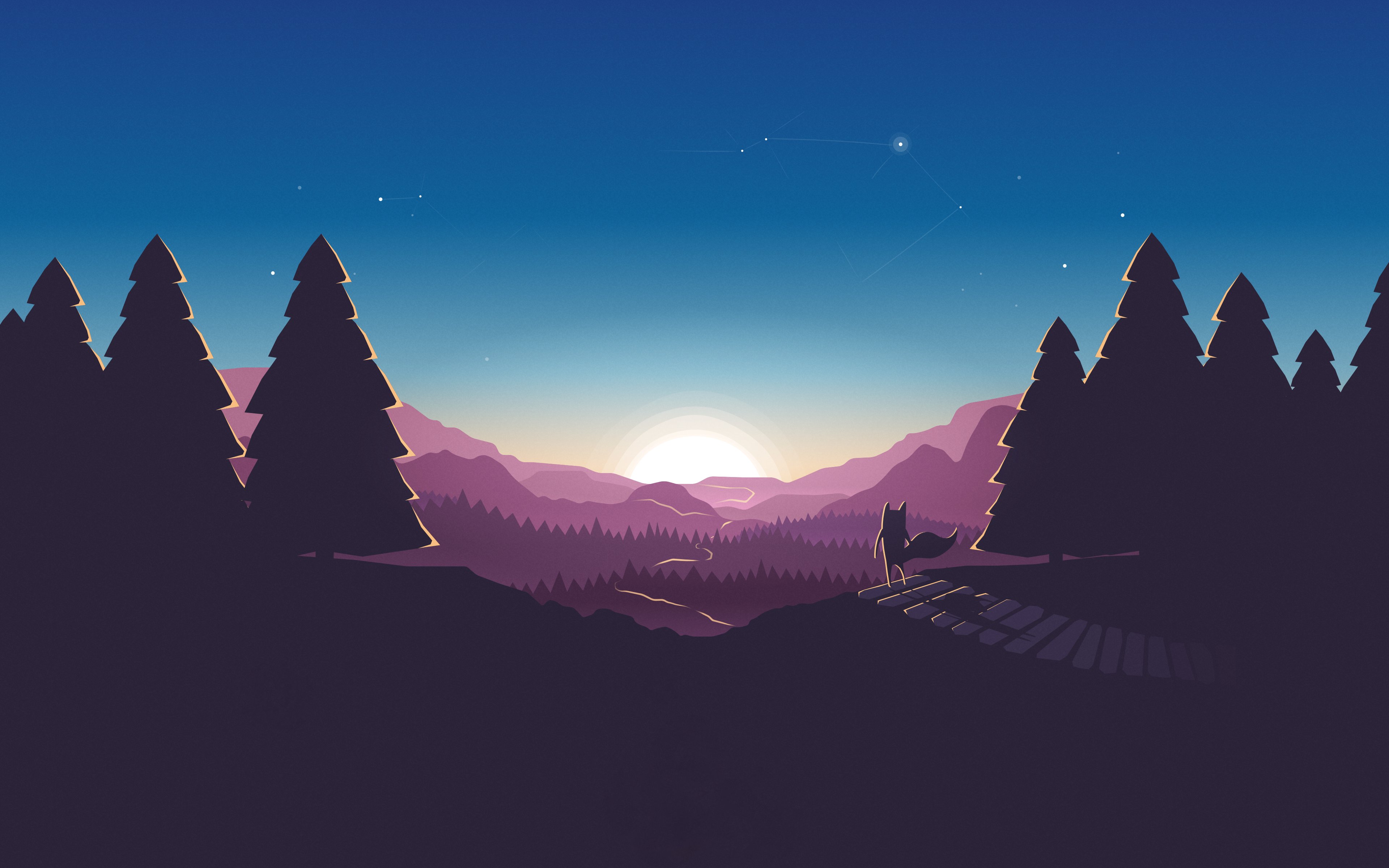 Minimalist Sunset Landscape Illustration with Fox HD Wallpaper