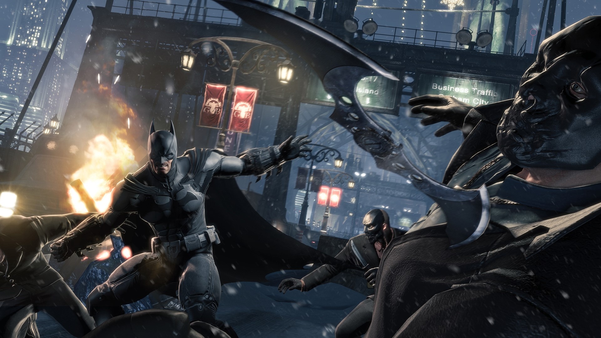 Batman fighting thugs in Gotham City HD Wallpaper