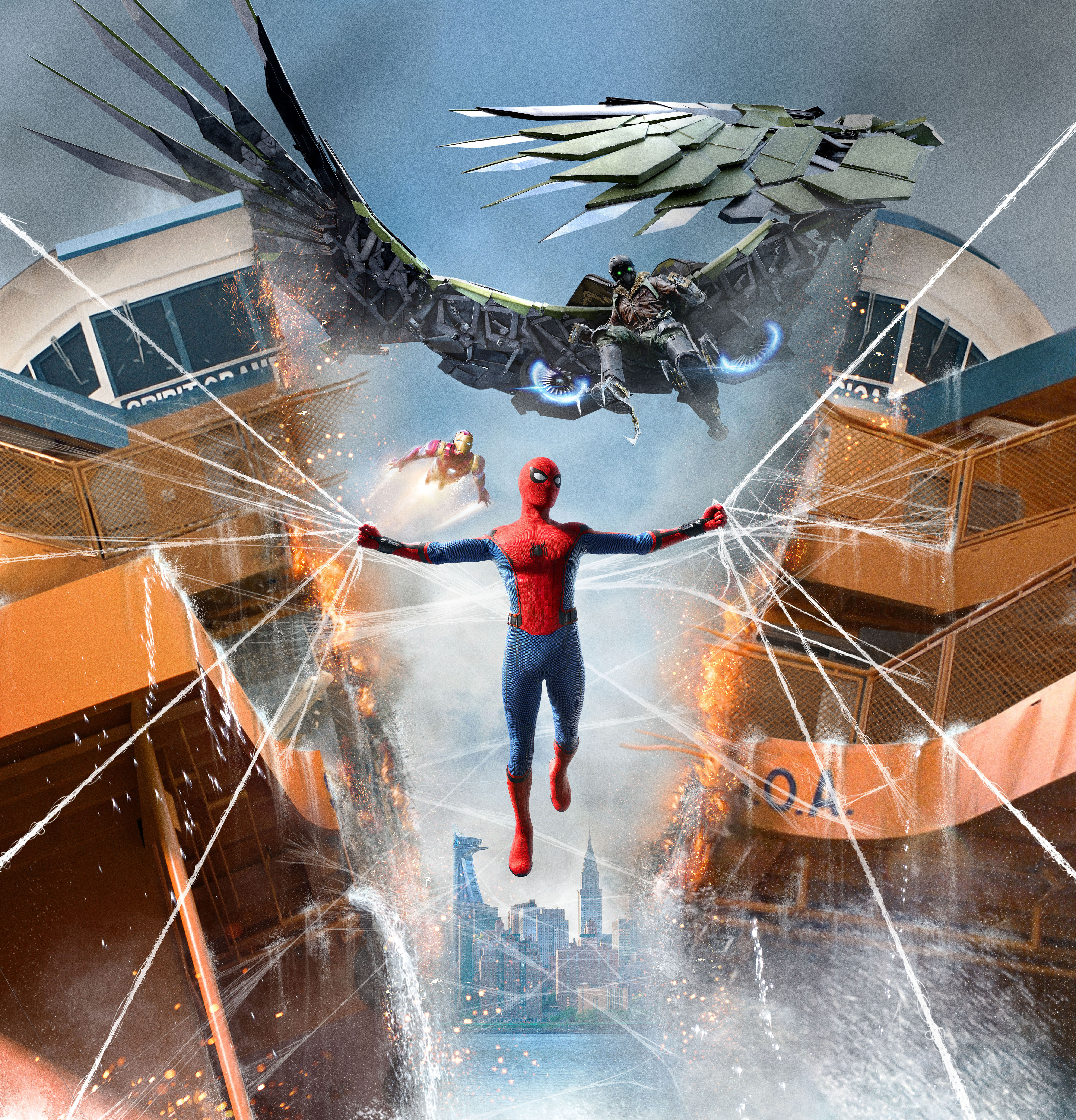 Spider-Man from Spider-Man: Homecoming with Vulture and Iron Man HD Wallpaper