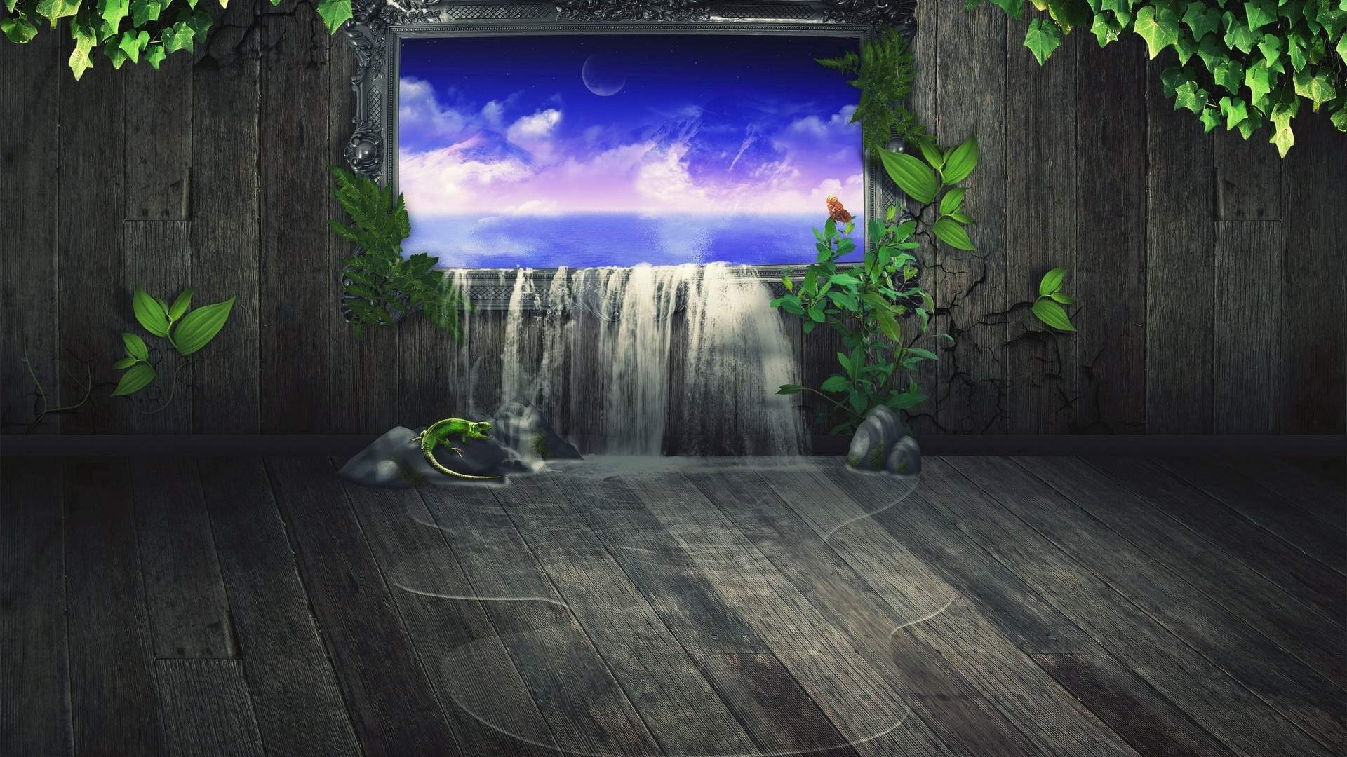 Waterfall through a framed window on a wooden wall HD Wallpaper