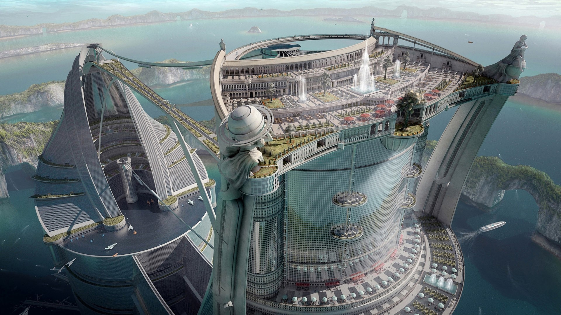 Futuristic eco-friendly city built on water HD Wallpaper