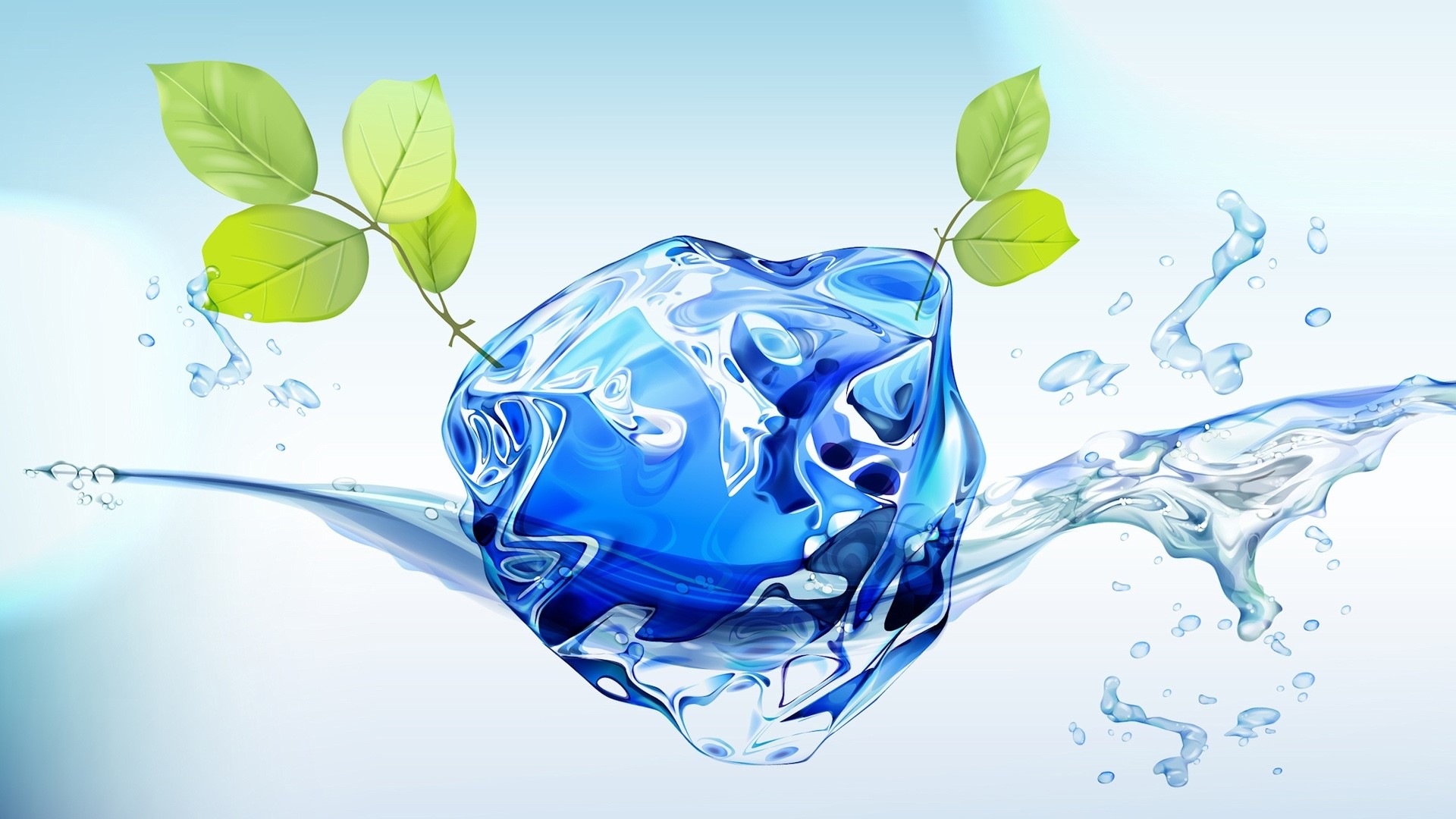 3D Blue Ice Cube with Green Leaves and Water Splashes HD Wallpaper