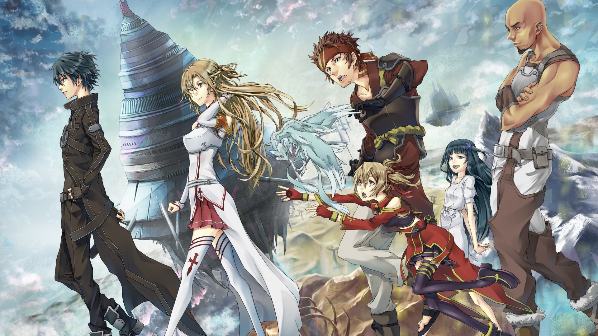 Sword Art Online characters in a fantasy landscape HD Wallpaper